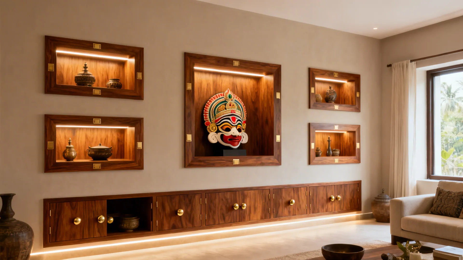 Teak-framed wall niches with brushed brass accents and warm LED lighting in a cozy living room.