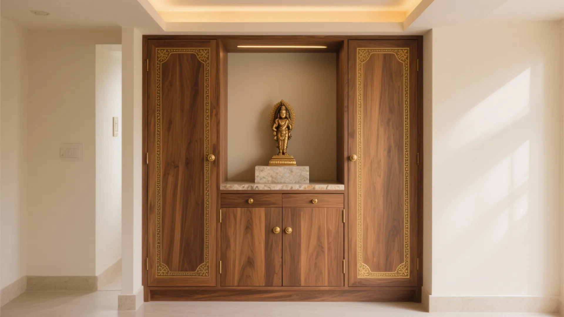 Minimalist wood-and-brass pooja cupboard