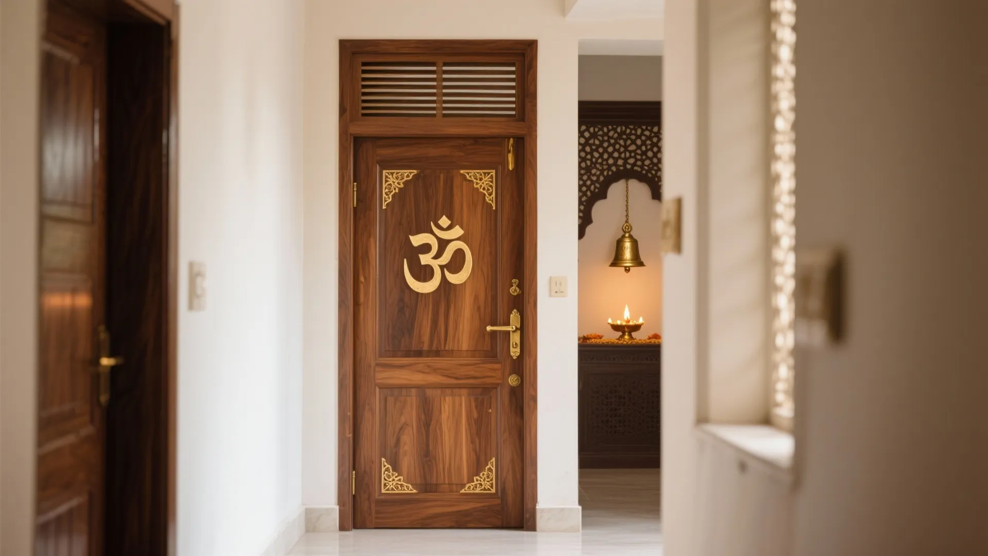Wooden door with gold symbol at end of white hallway leading to small prayer room