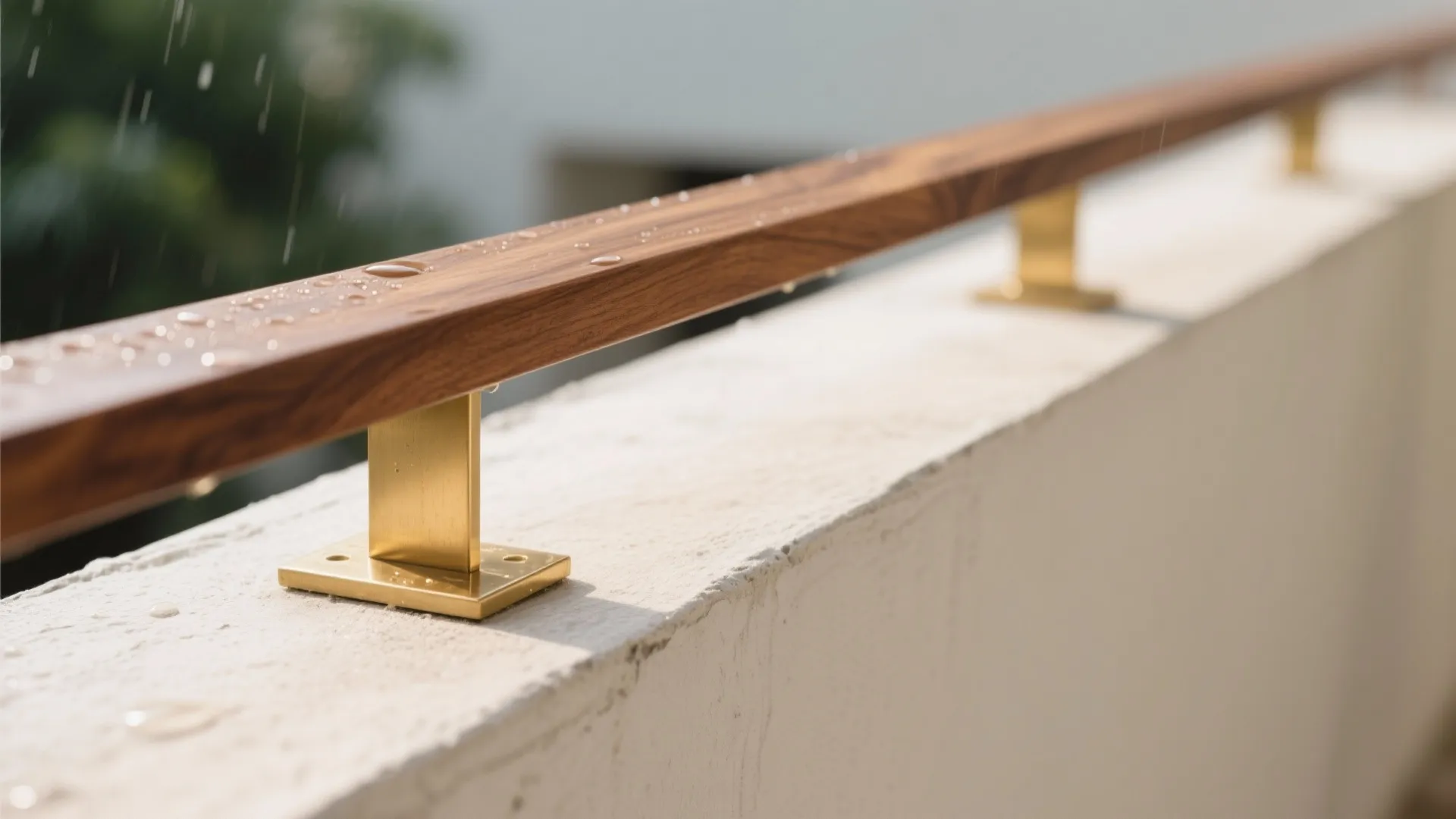 Close up of wooden handrail with gold metal supports on white wall with rain drops