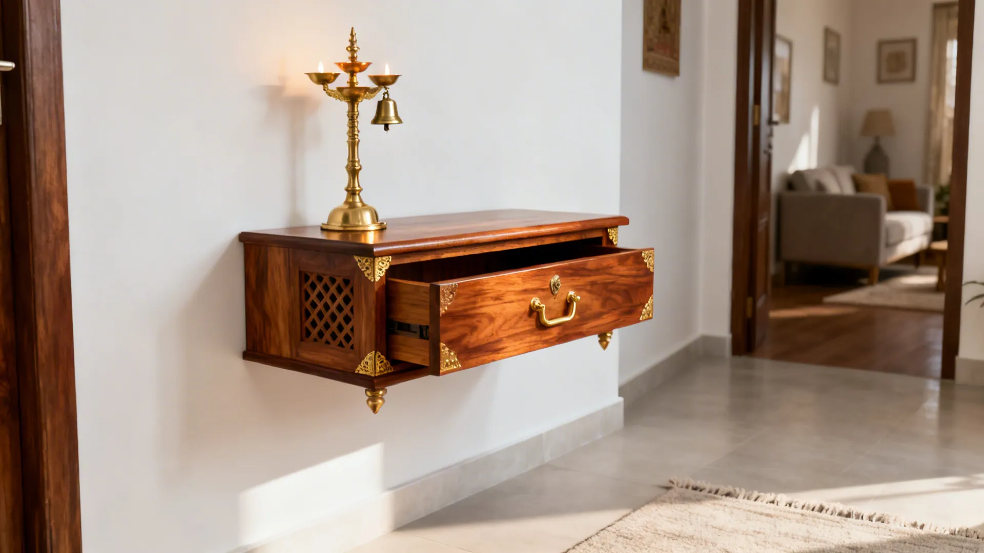 Floating teak pooja cabinet with brass vilakku bracket and lattice vents on a white wall.