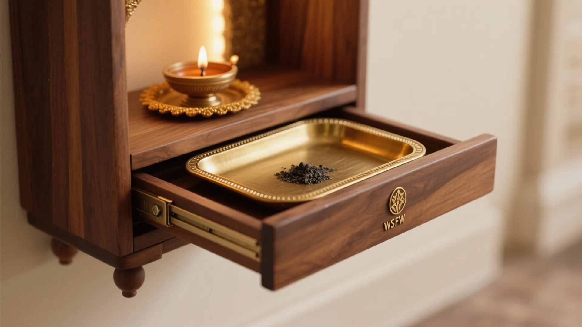 Teak-and-brass compact pooja unit with pull-out tray