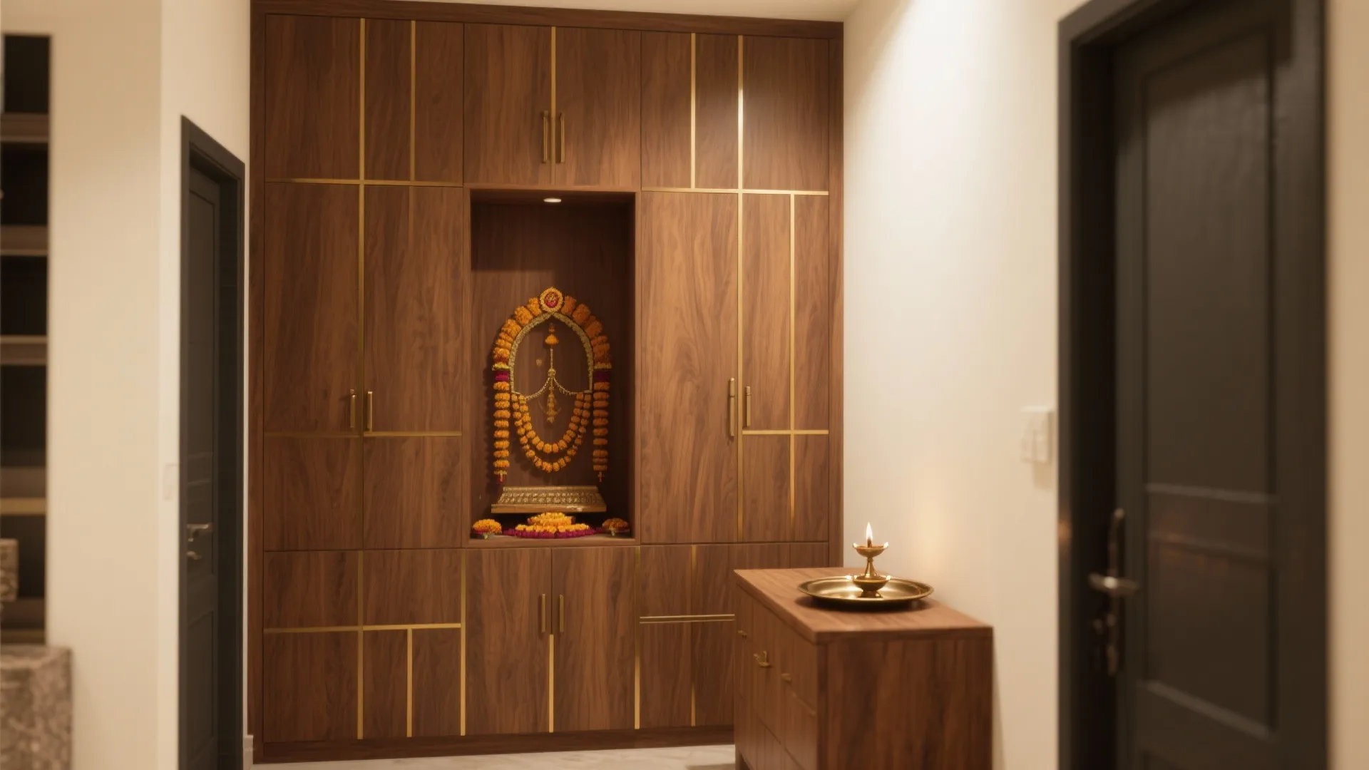 Modern dark wood cabinet featuring gold trim details with a flower decorated religious statue inside