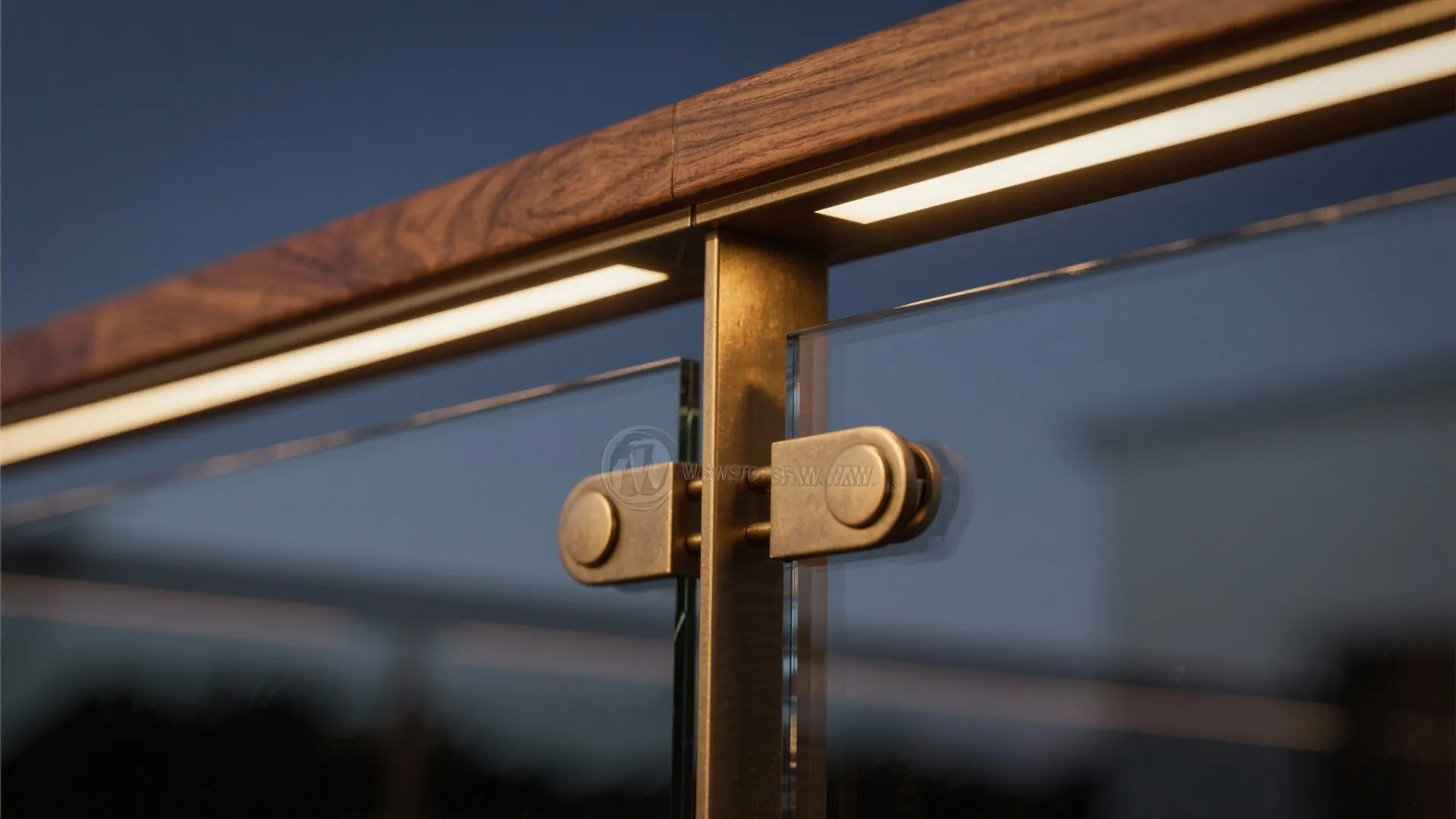 Warm Materials Mix: Wood, Bronze, and Night Lighting