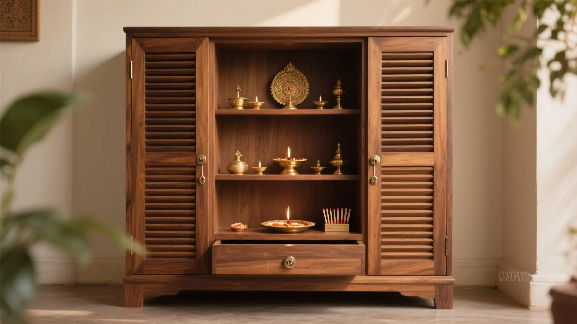 Teak cabinet mandir with concealed storage