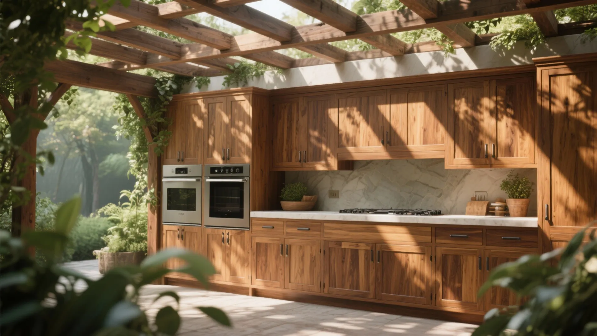 Sealed teak outdoor cabinet doors under a pergola with warm wood grain and oiled finish