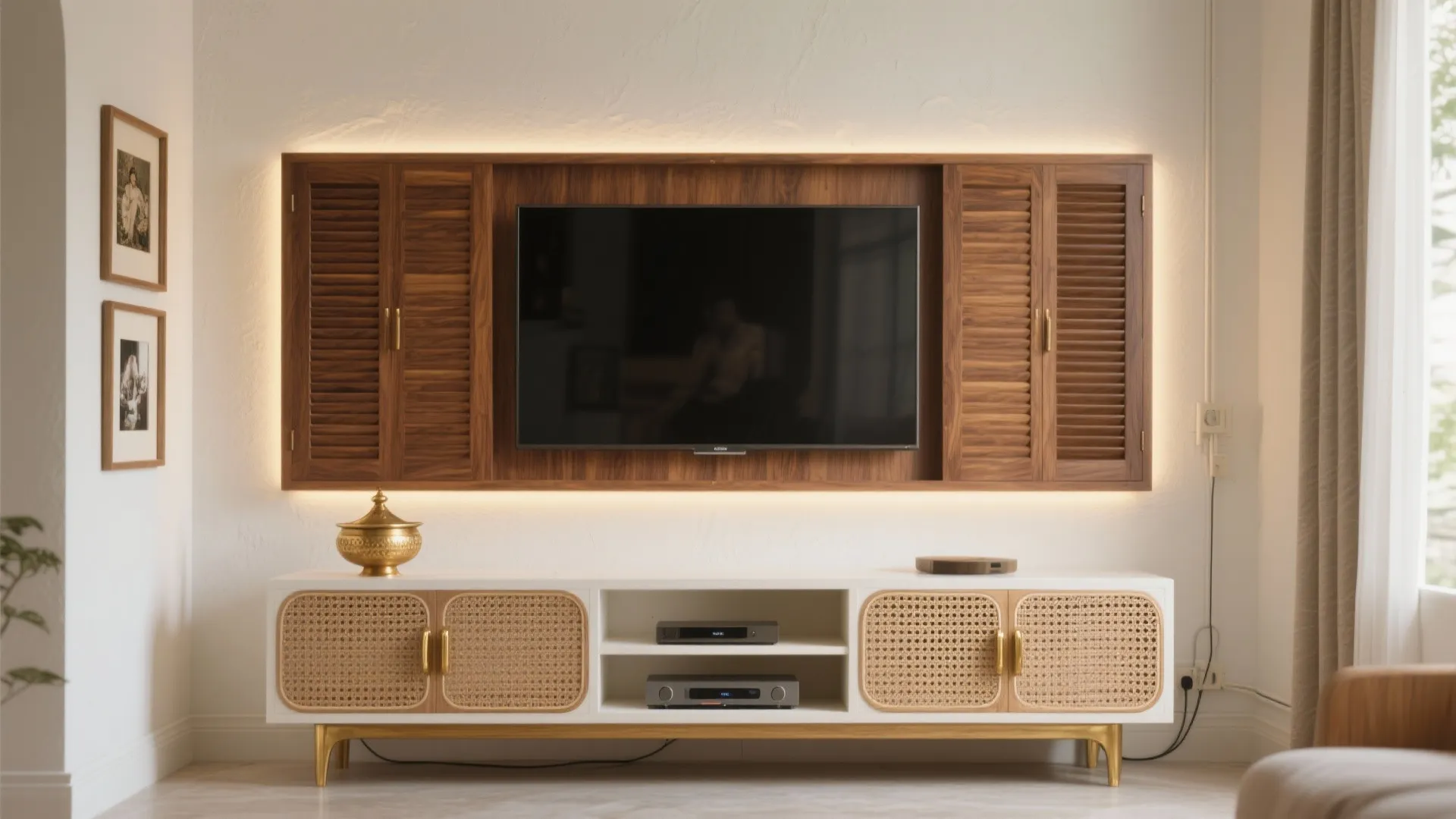Modern living room with wall mounted television wooden cabinet backlight and white cane storage unit