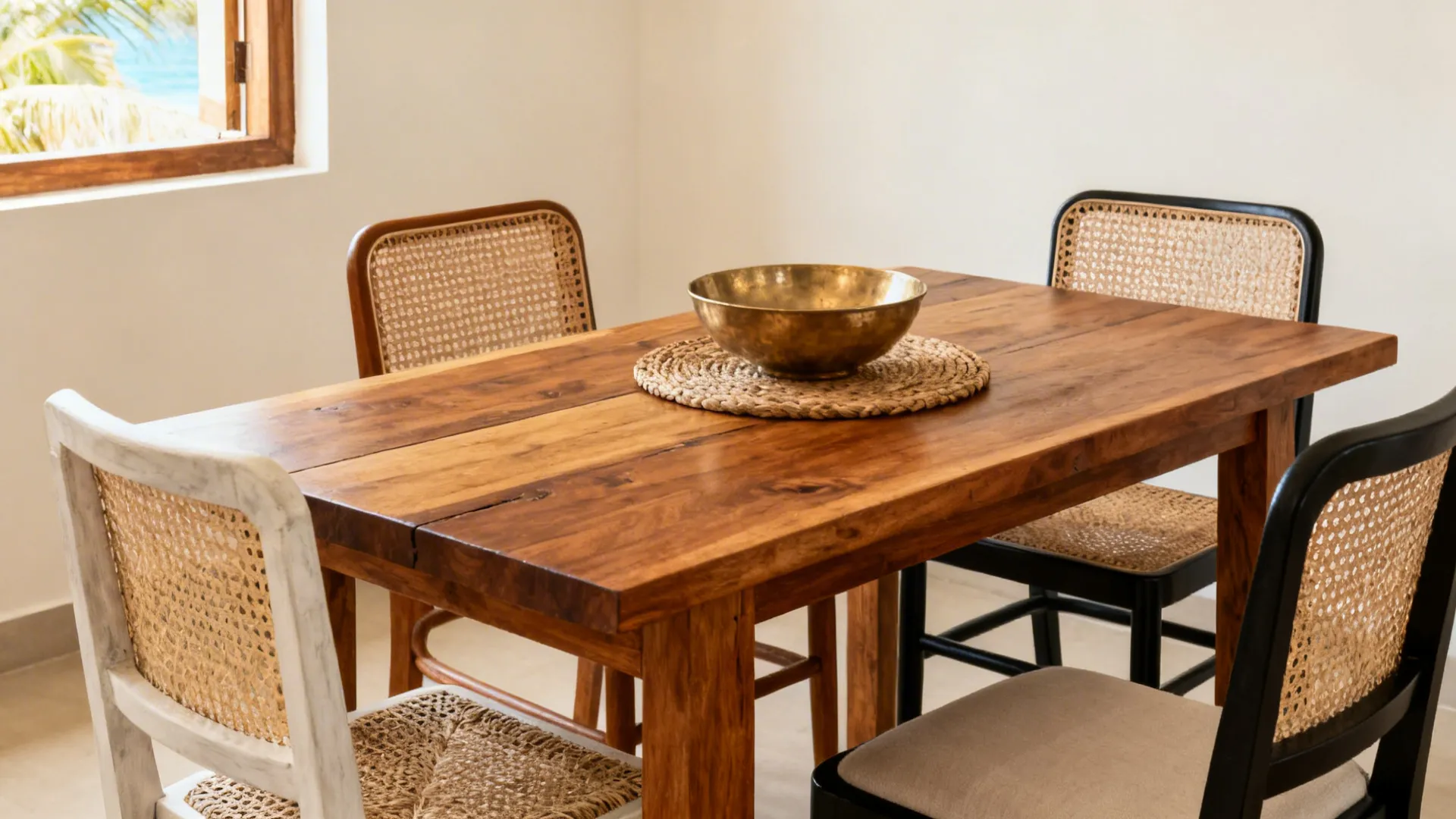 Wooden dining table with a gold bowl and four chairs with woven backs near the window