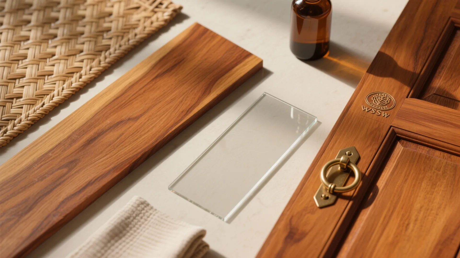 Interior design materials featuring wood panels glass tile woven texture small bottle and cabinet handle hardware