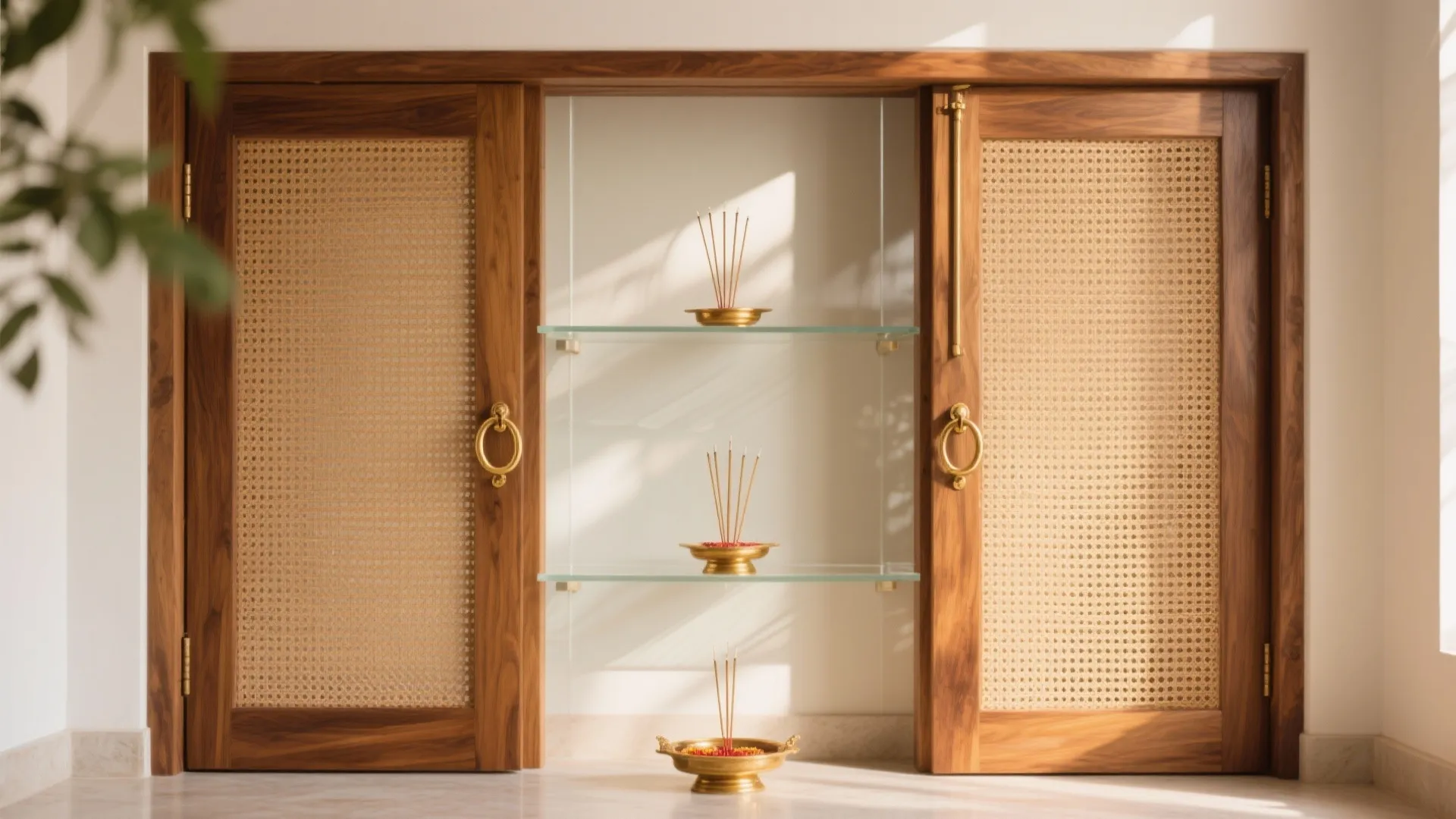 Wooden cabinet with woven mesh doors and glass shelves holding gold incense bowls with sticks