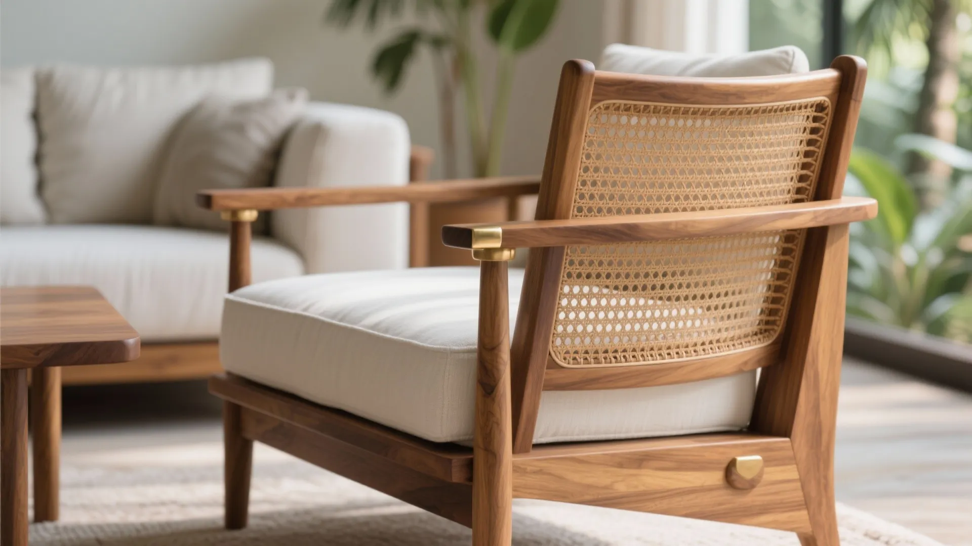 Wooden armchair with woven back white cushion and wooden armrests in a bright modern living room