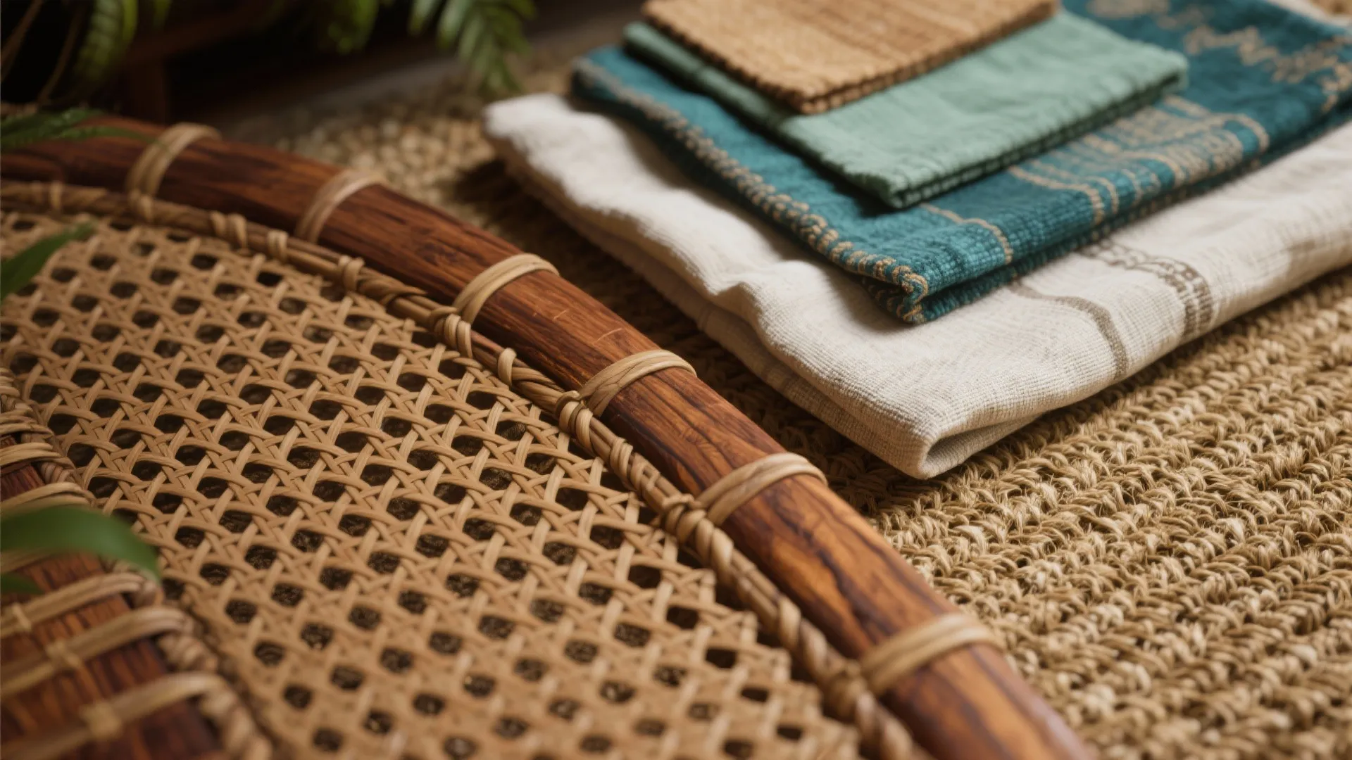 Earthy wood and cane warmth with tropical textiles