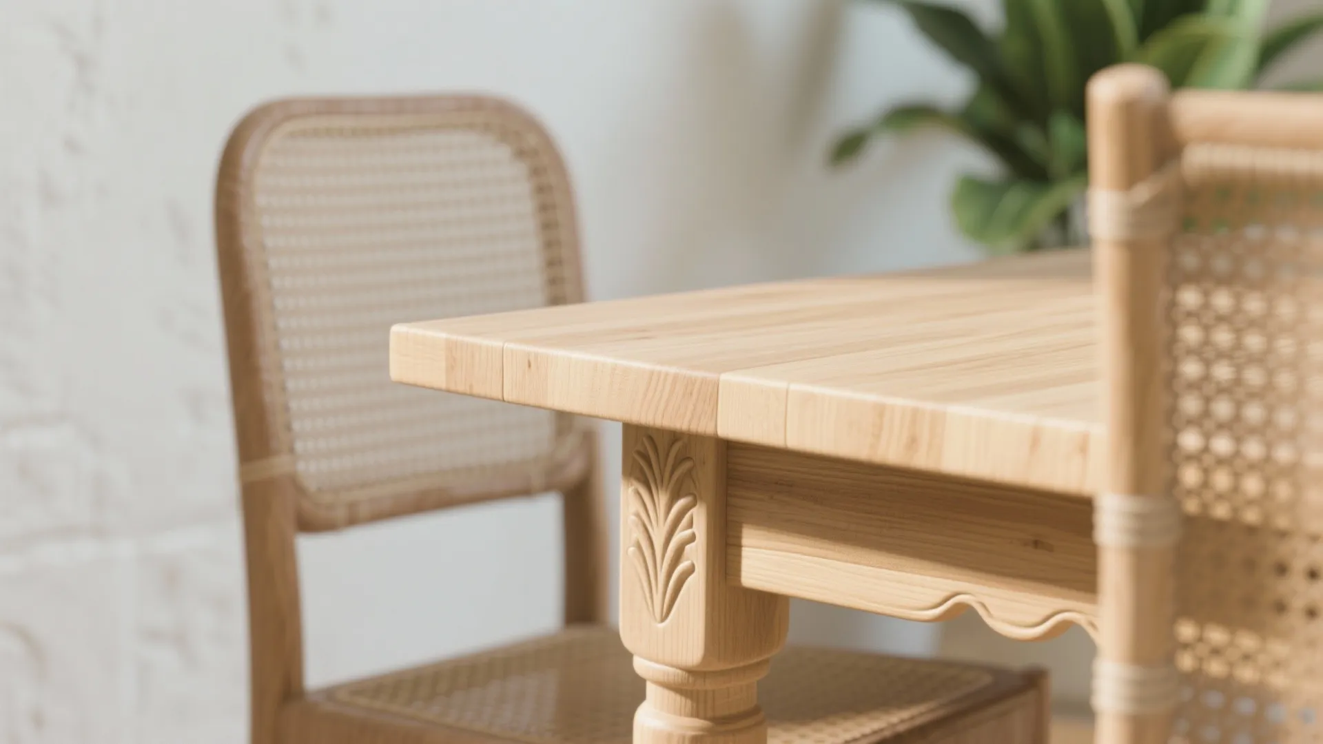 Close up view of a wooden table corner and woven chair in a bright room