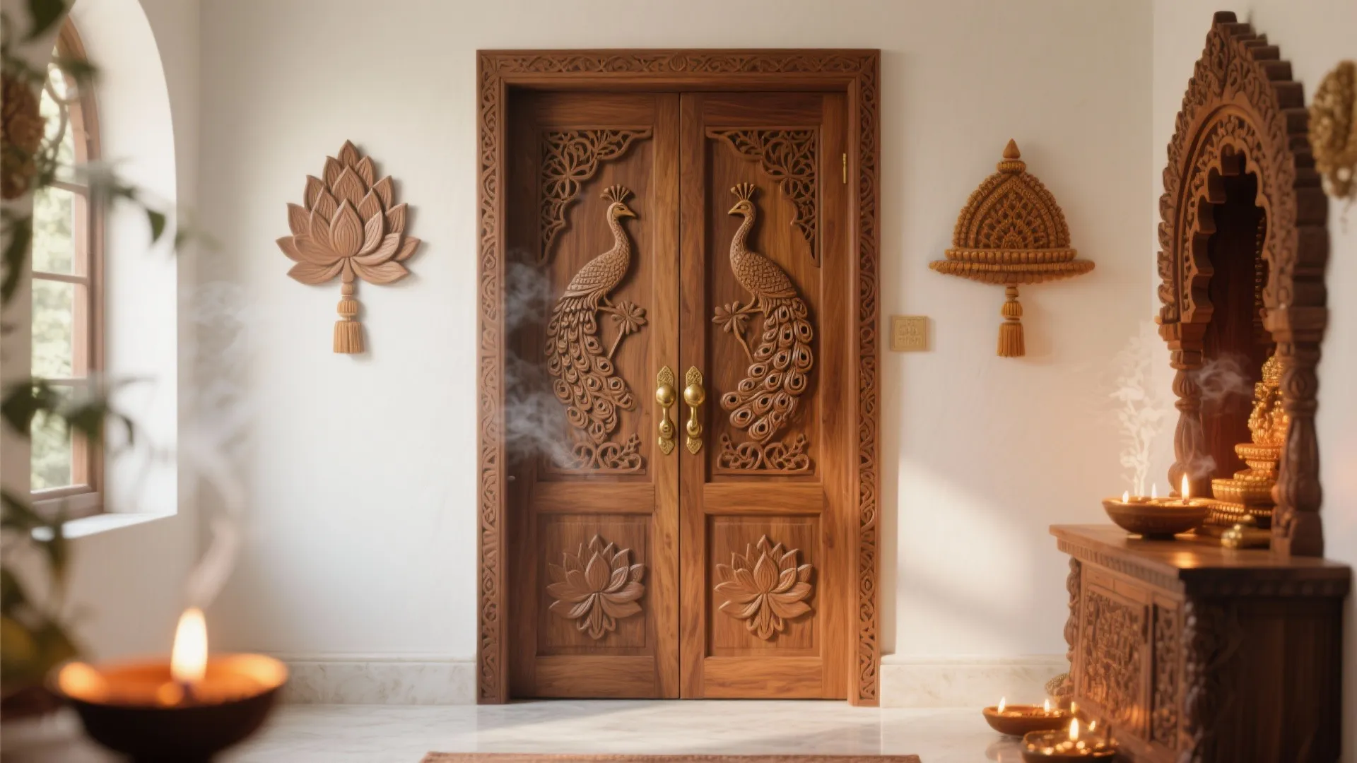 Ornate wood door with peacock carvings and flower patterns in a white room with small lights