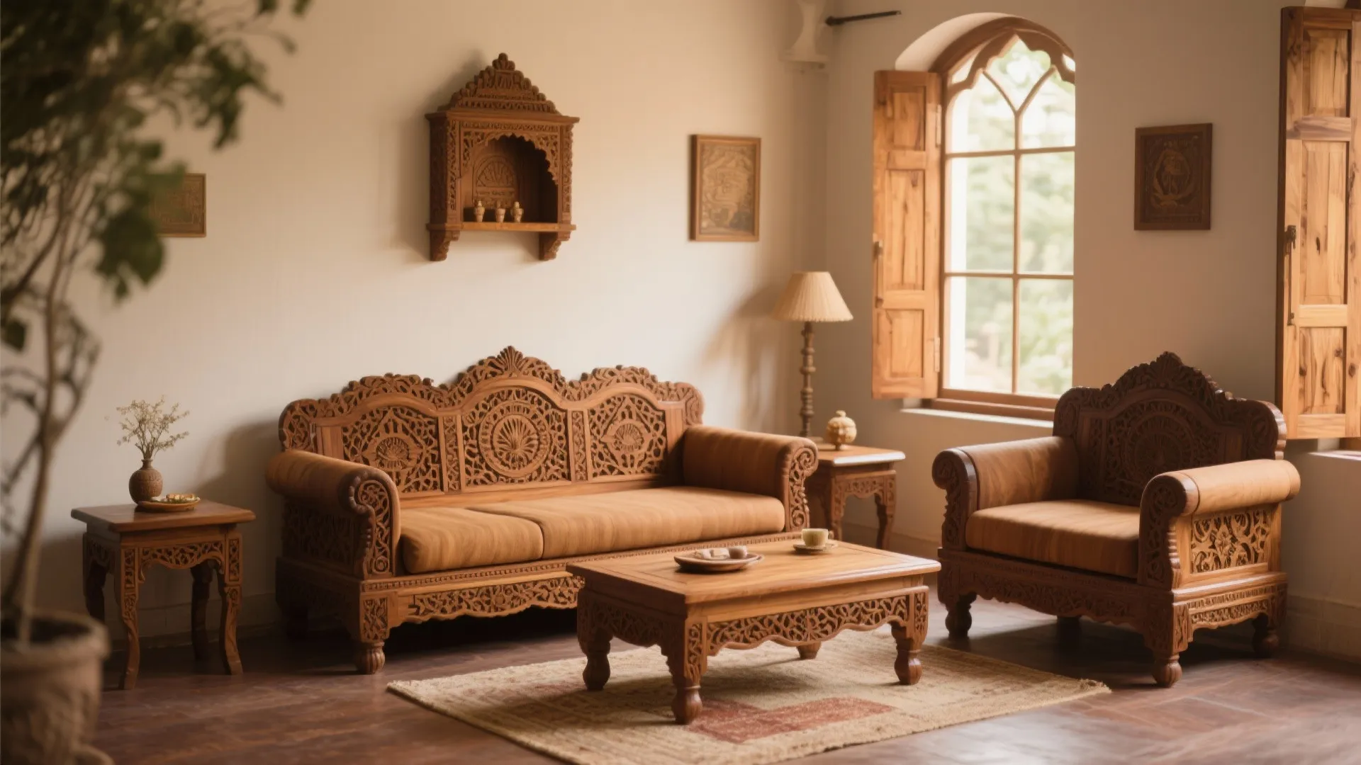 Carved wooden sofa and armchair with a matching coffee table in a traditional living room.