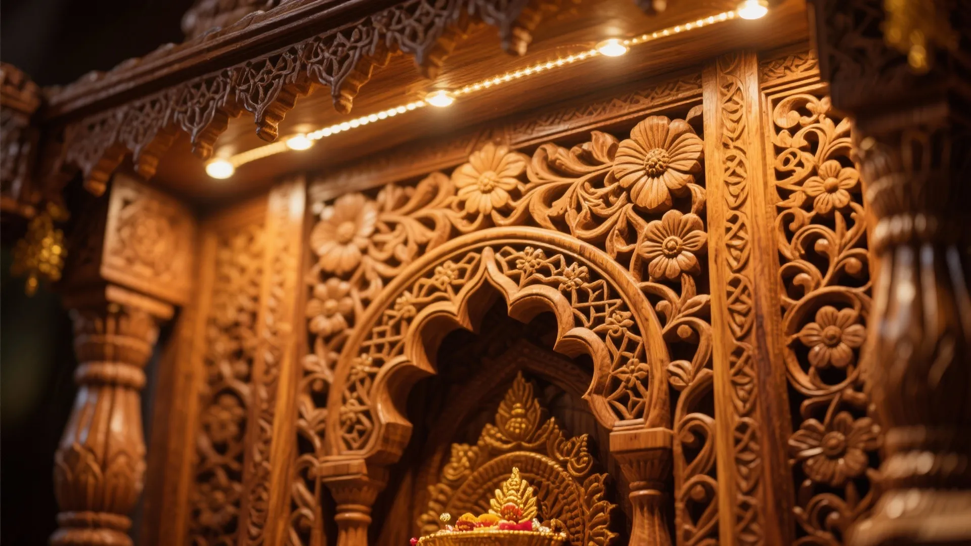 Close up of a wooden cabinet with flower carvings and warm lights for home prayer