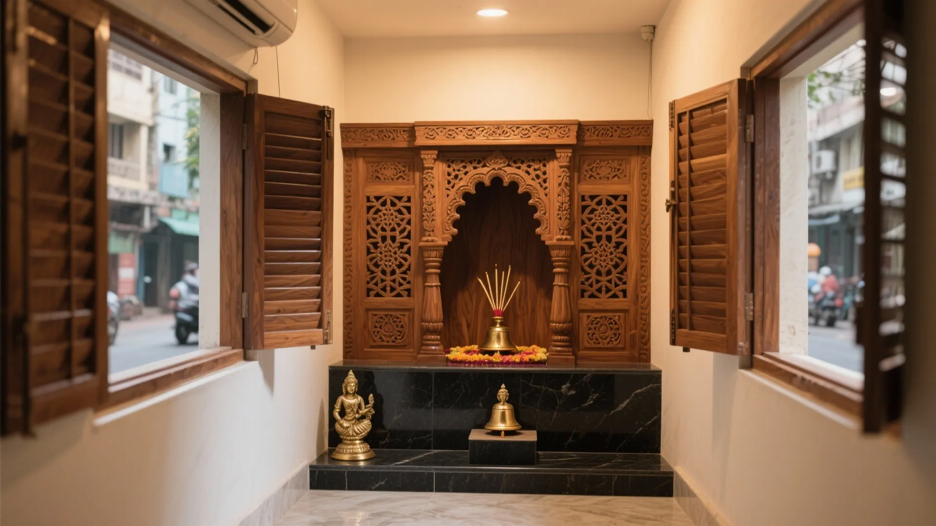 Teak-Wood Sanctum with Carved Doors