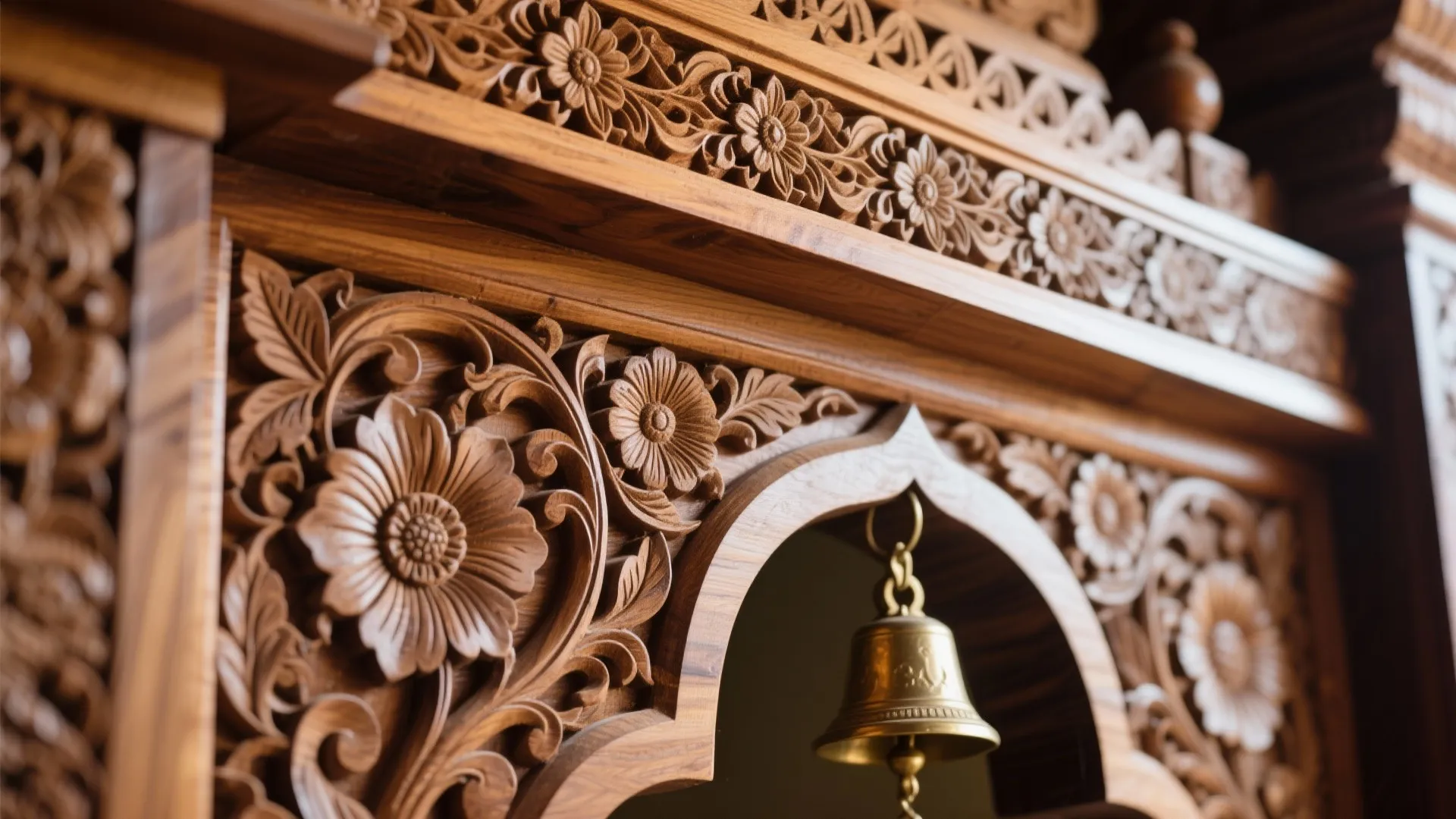 Close up of a dark wood wall panel with flower carvings and a gold bell