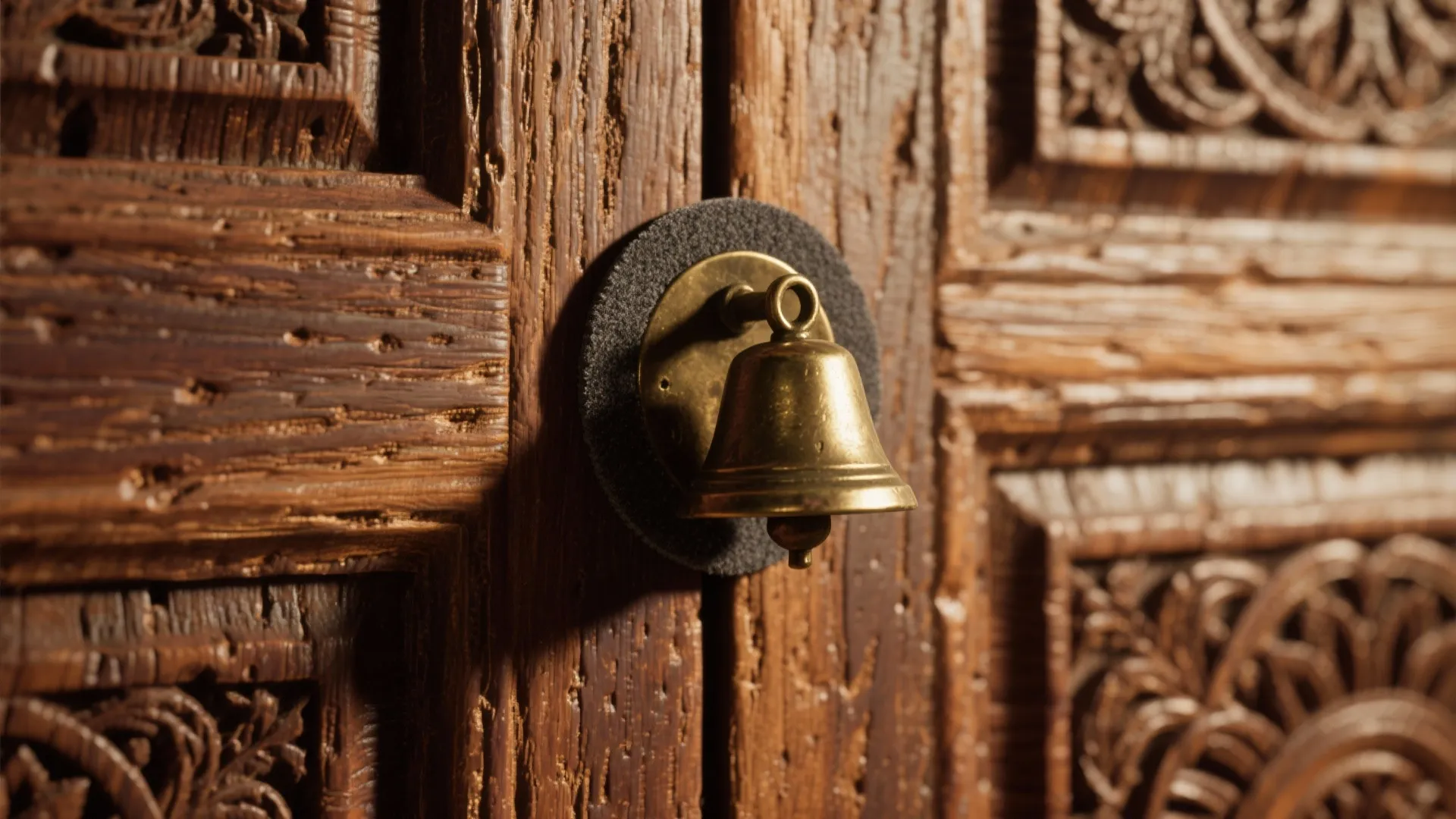 2) Traditional carved teak doors with brass bells