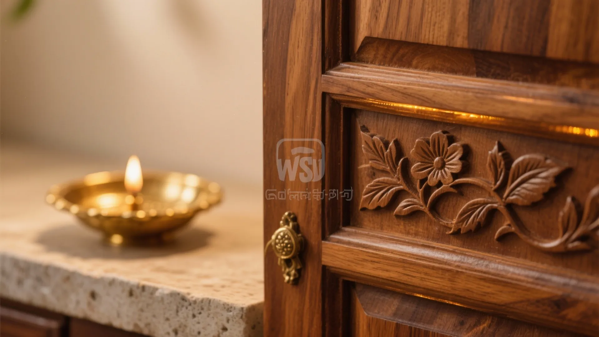 Minimal carved wood door with soft lighting