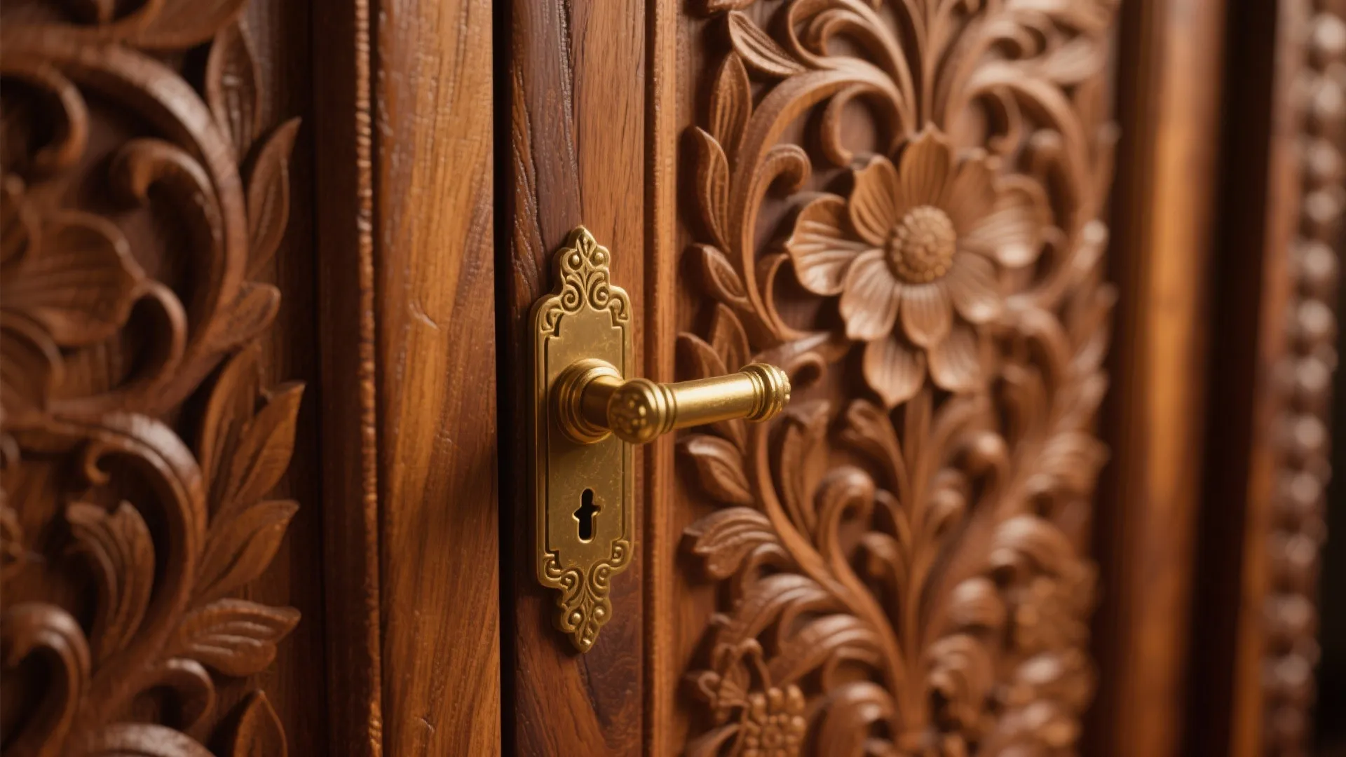 Close up of detailed flower patterns on dark wood cabinet with a vintage gold handle