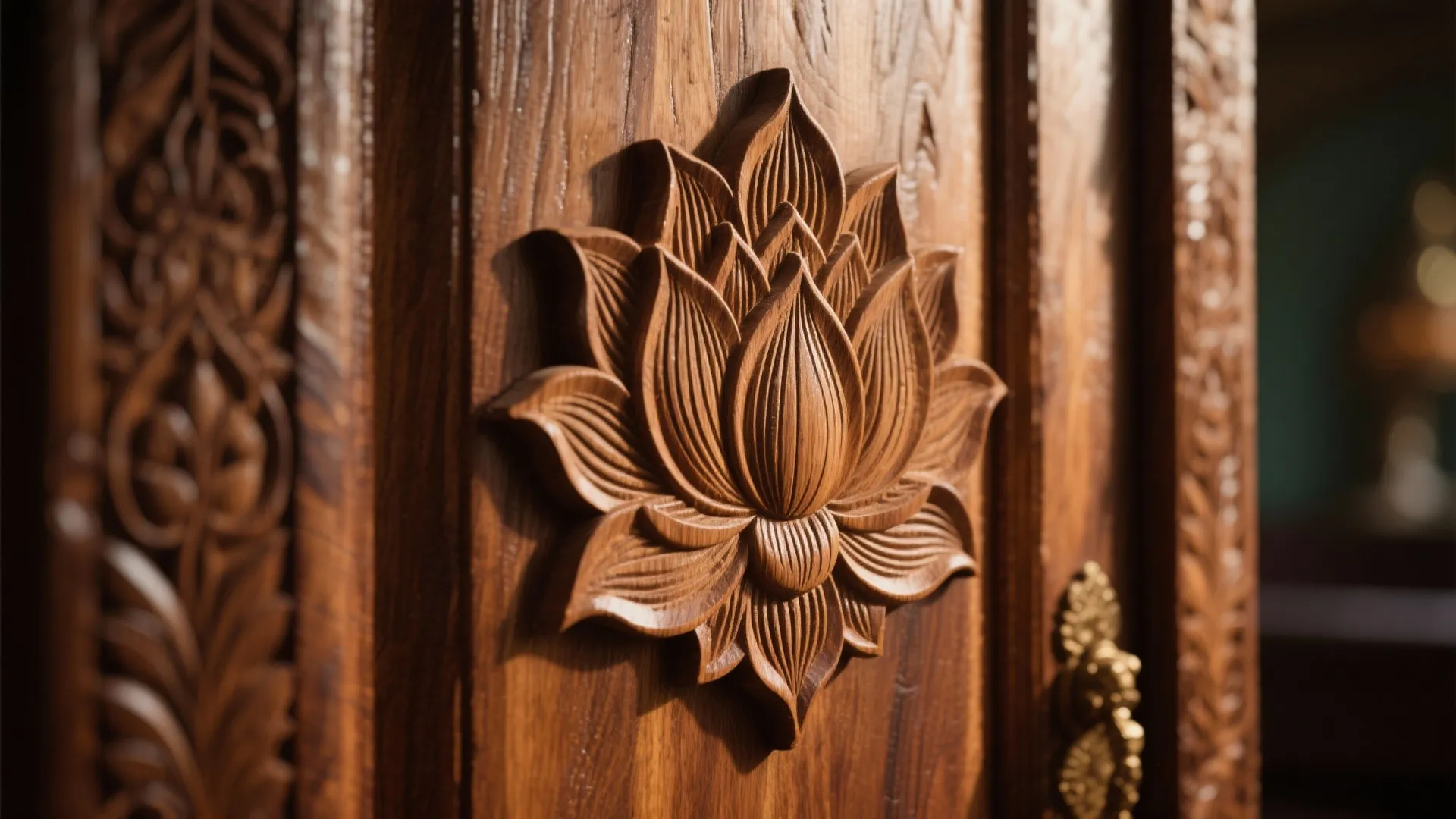 Close up view of a lotus flower pattern carved into a dark brown wood door panel