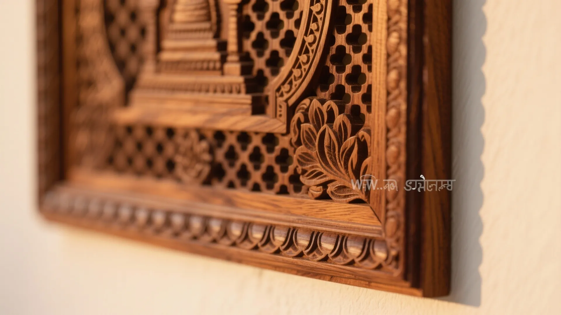 Macro detail of teak veneer carving and jaali edges showing Tamil temple-inspired craftsmanship.