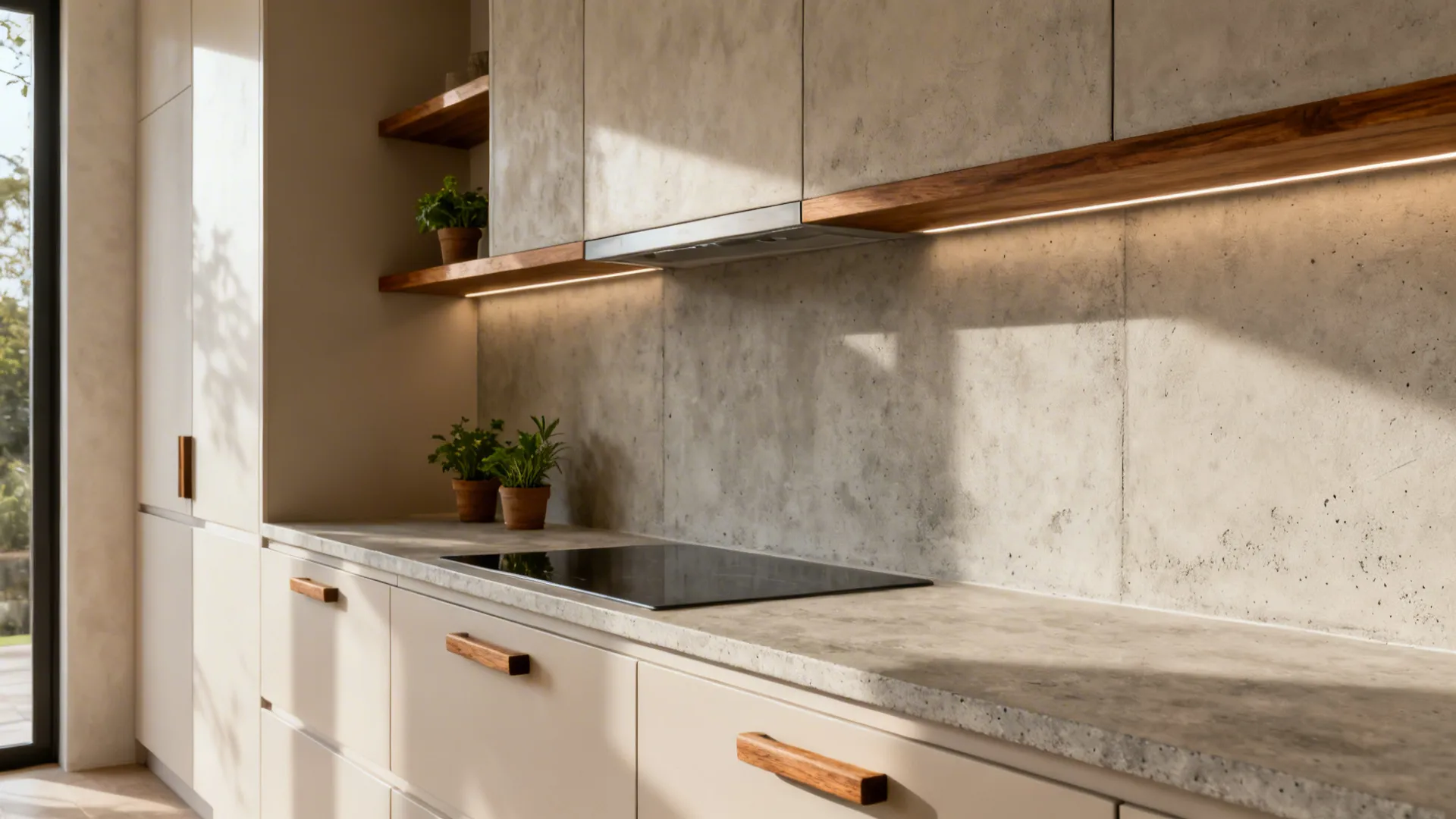 Kitchen vignette with matte microcement backsplash and teak-accented hardware.