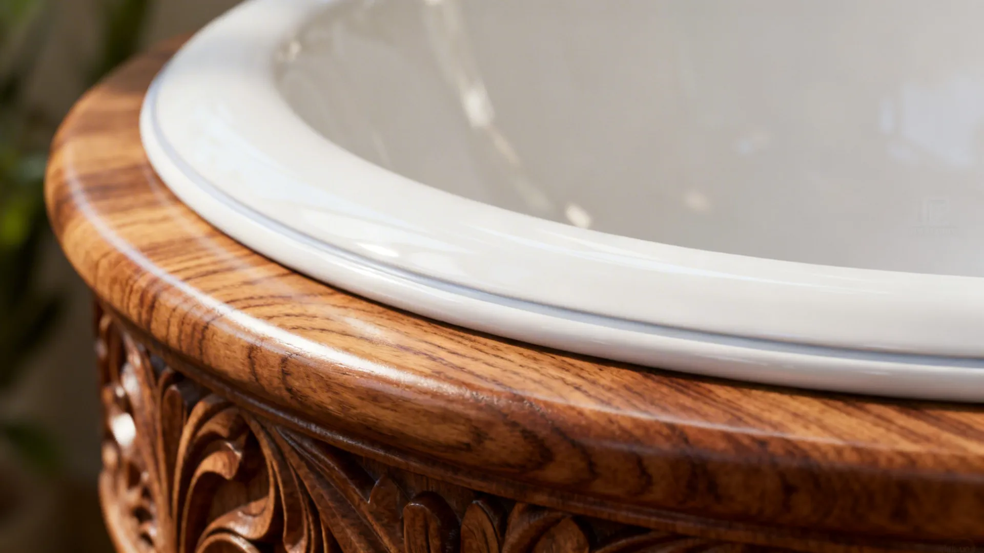 Close-up of carved teak console edge and glossy white ceramic bowl.