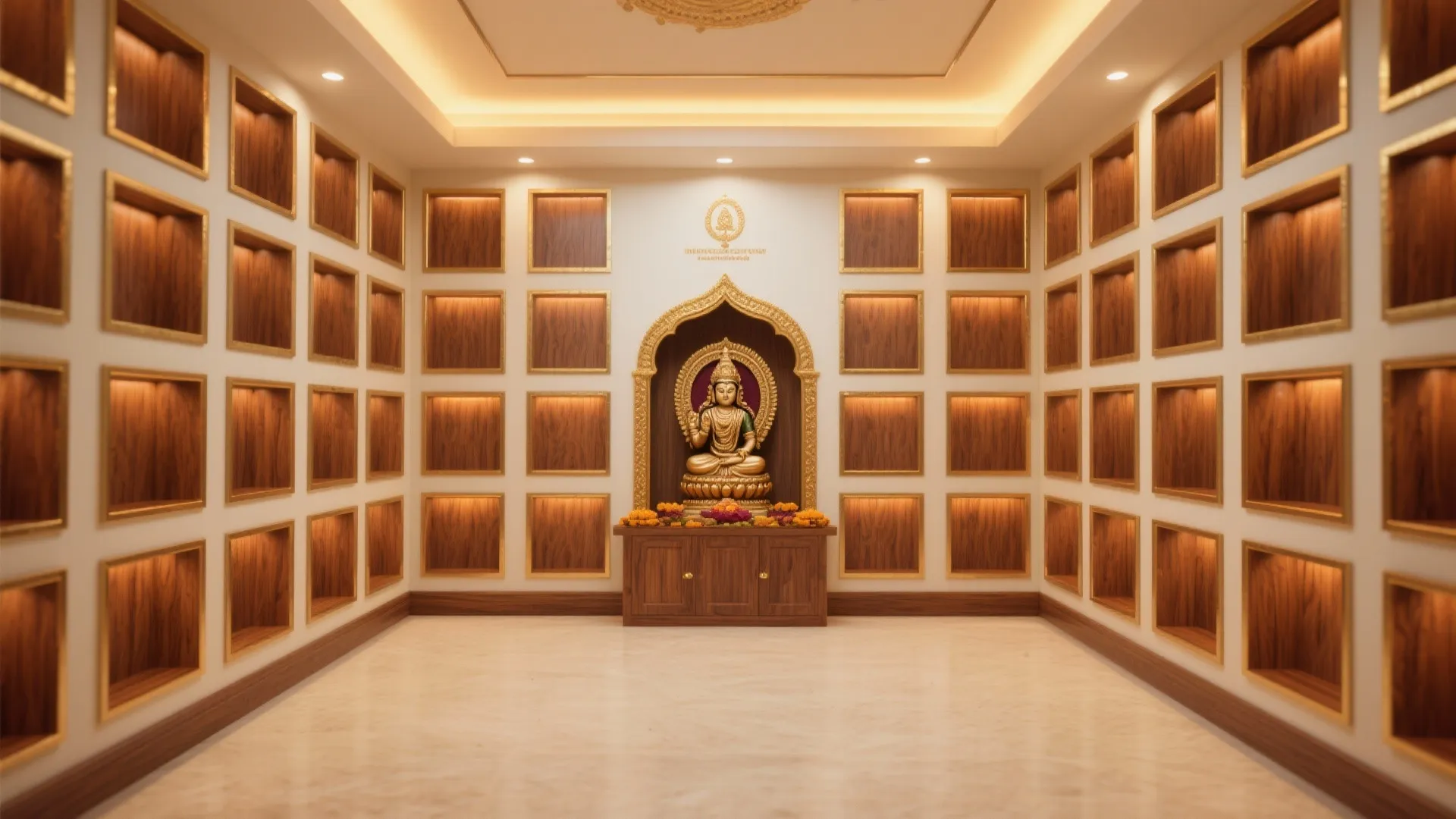 Spiritual room with square wall cabinets a golden statue in center and warm interior lighting