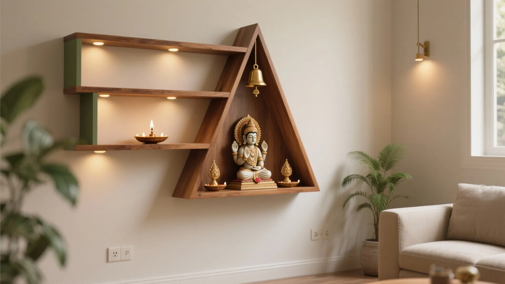Corner Teak Mandir with Floating Shelves
