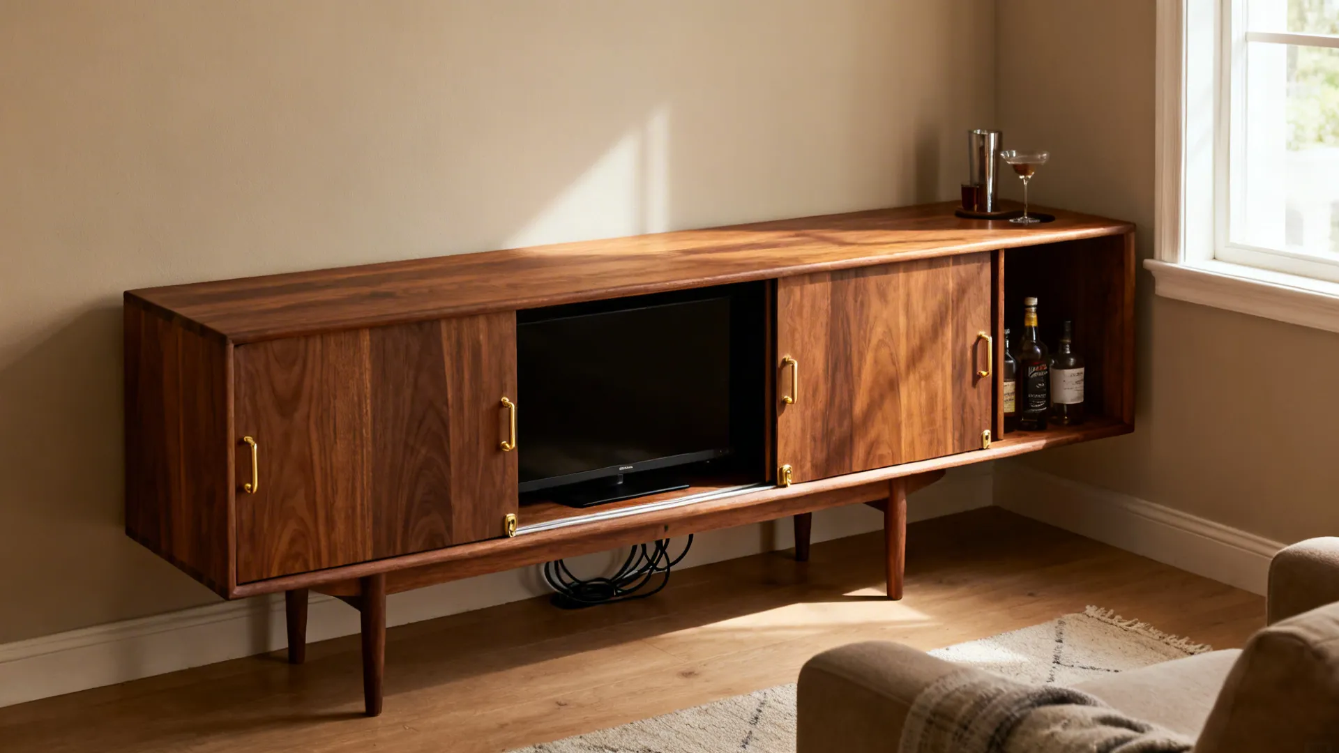 Low teak credenza functioning as a media unit with hidden storage and warm wood tones.