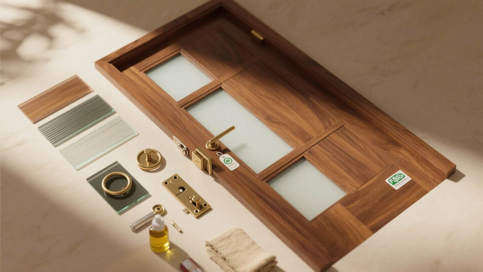 Flat lay of wood door samples with glass panels metal door handles and hardware tools