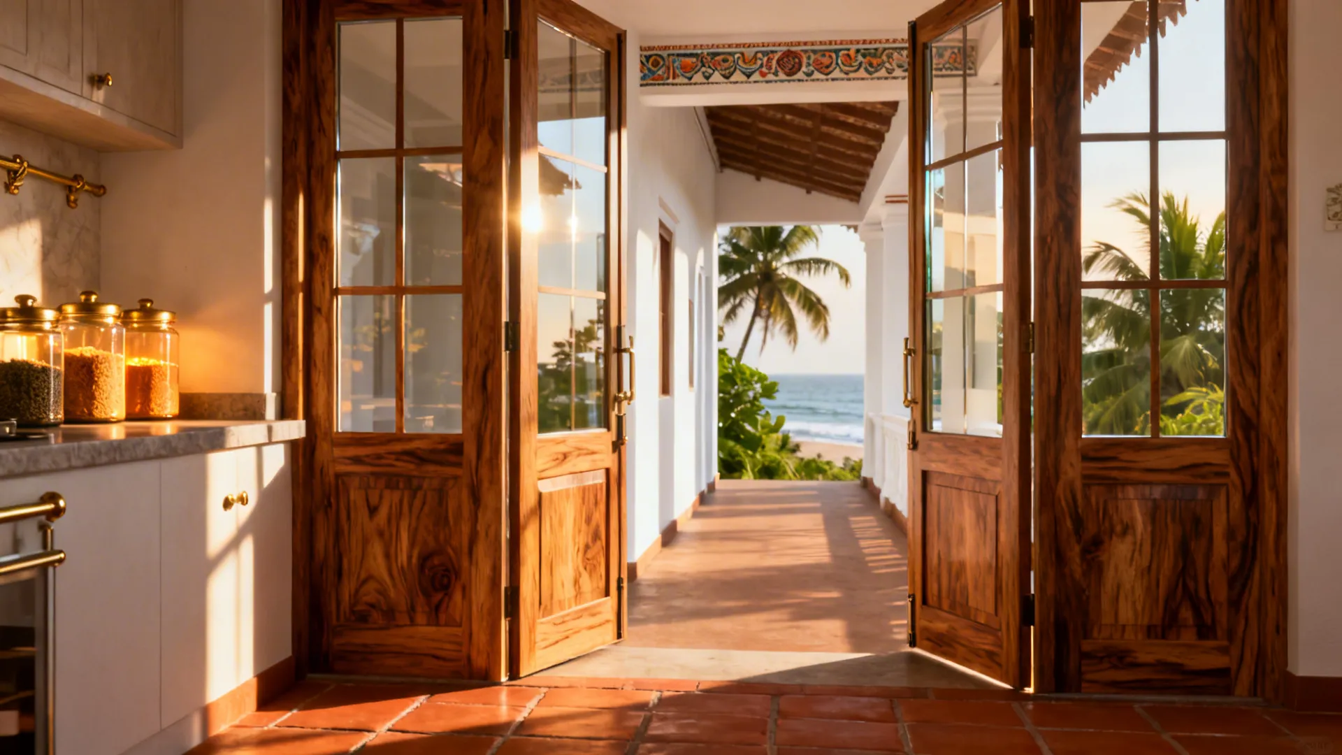 Clear low-iron glass French doors with teak frames brightening a Kerala kitchen.