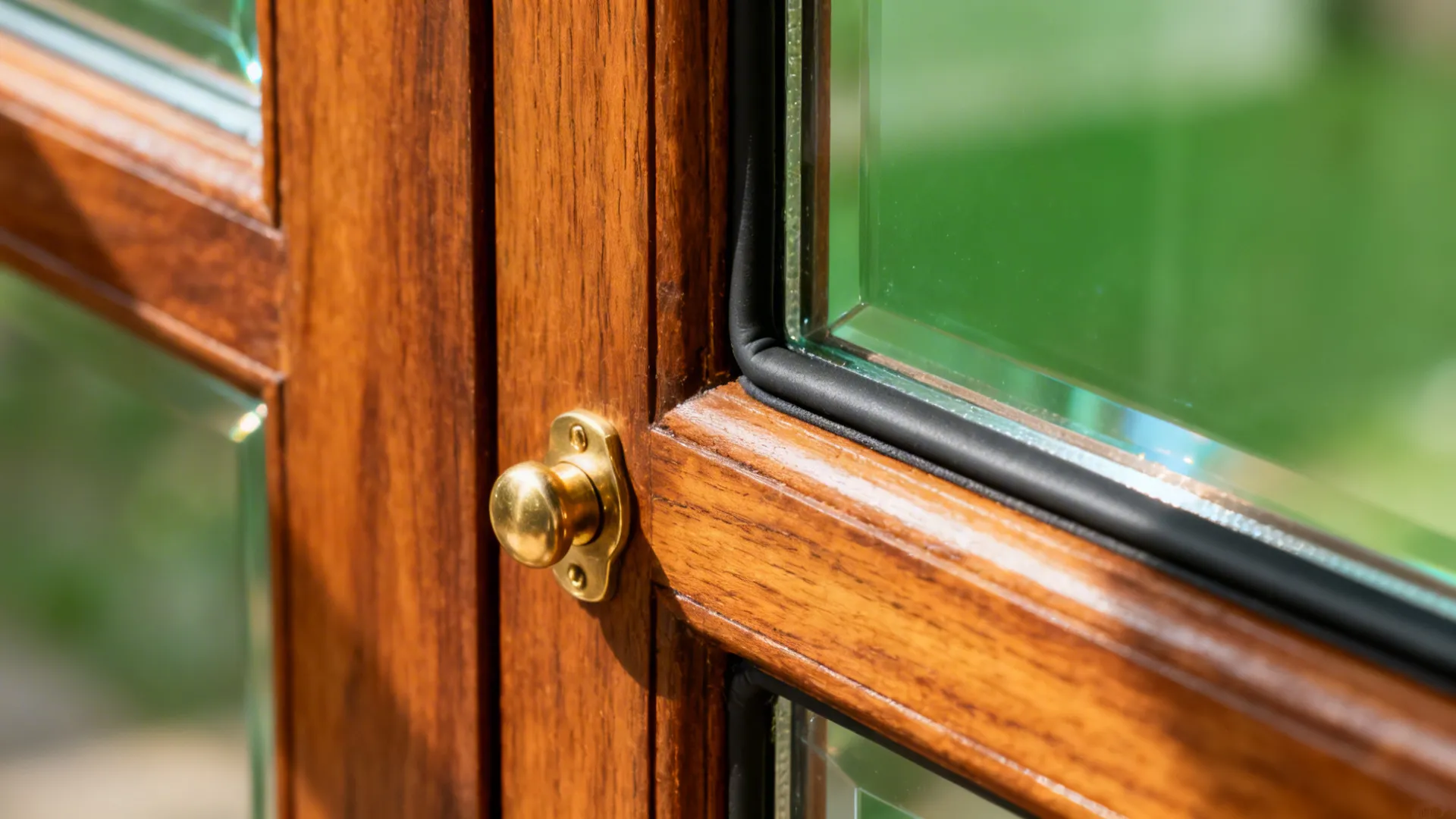 Macro of teak French door frame with low-iron glass and clean gasketing.