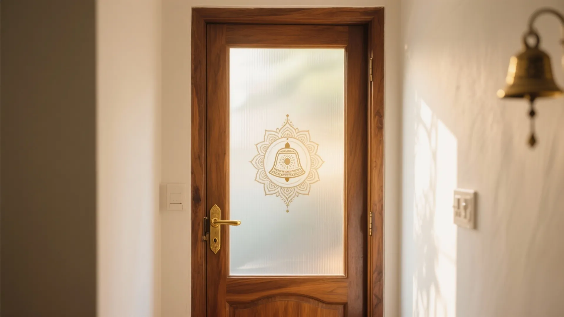 Wooden door with frosted glass panel featuring a bell design next to a wall light