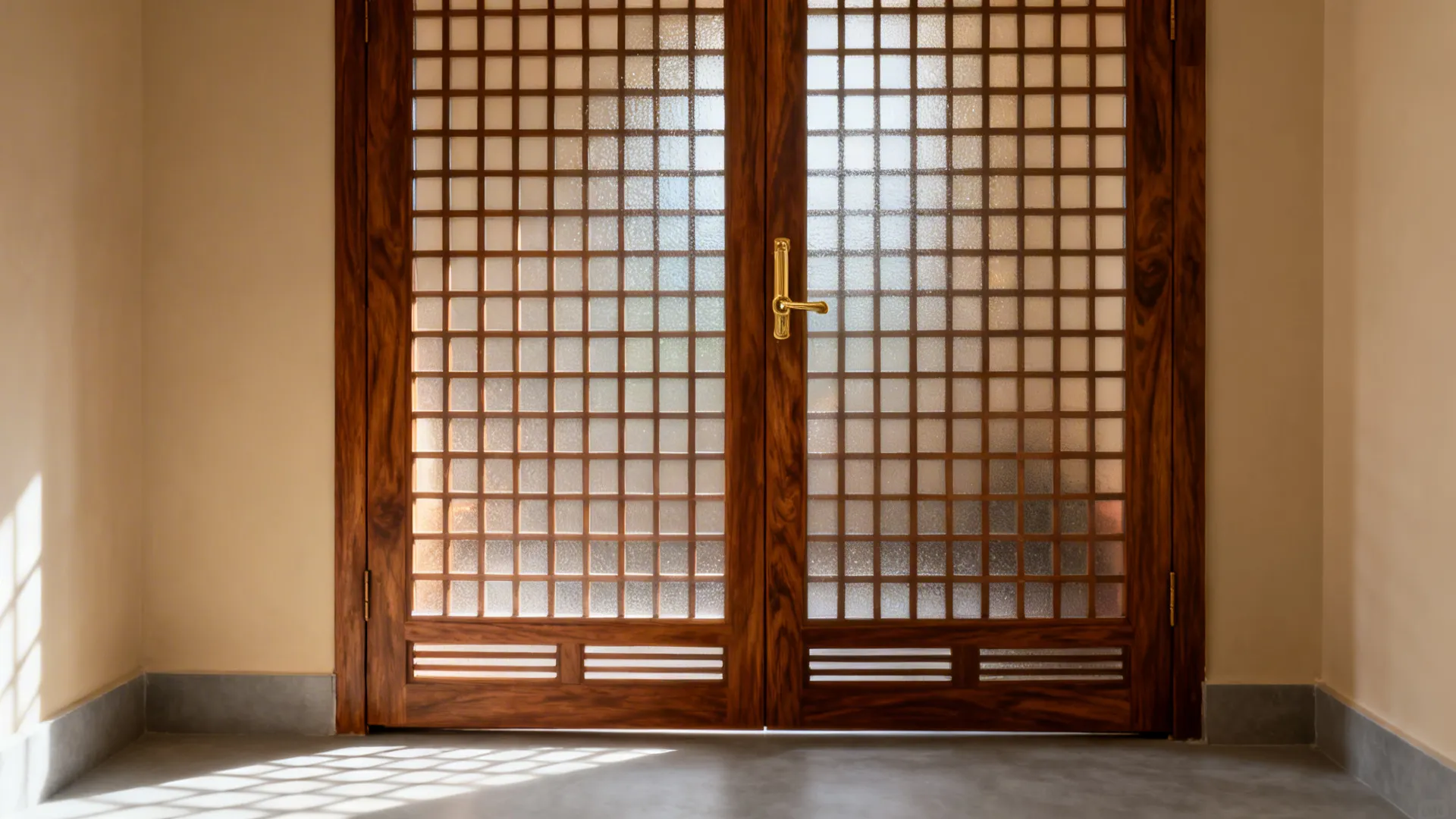 Wooden double doors with a grid pattern and frosted glass panels reflecting sunlight on floor