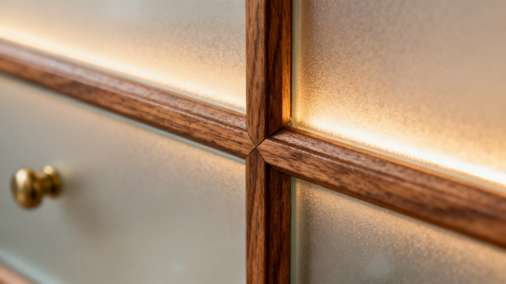 Macro of teak frame joining frosted tempered glass with a warm glow.