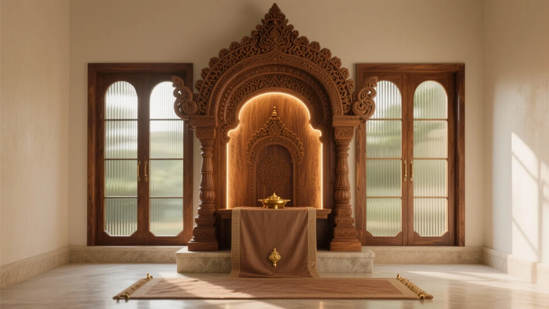 Carved Teak Gopuram with Glass Side Panels