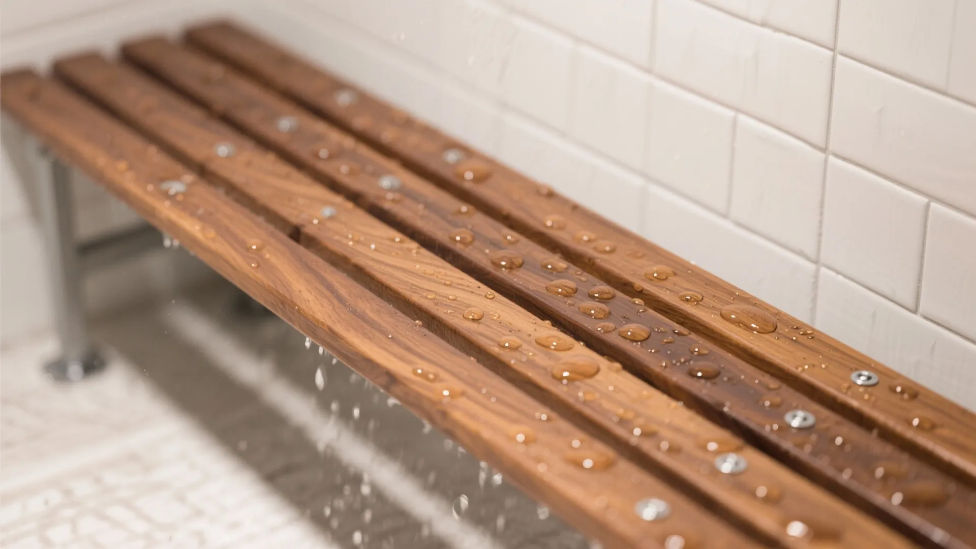 Close-up of oiled teak slats with water beads and stainless fasteners in a shower bench.