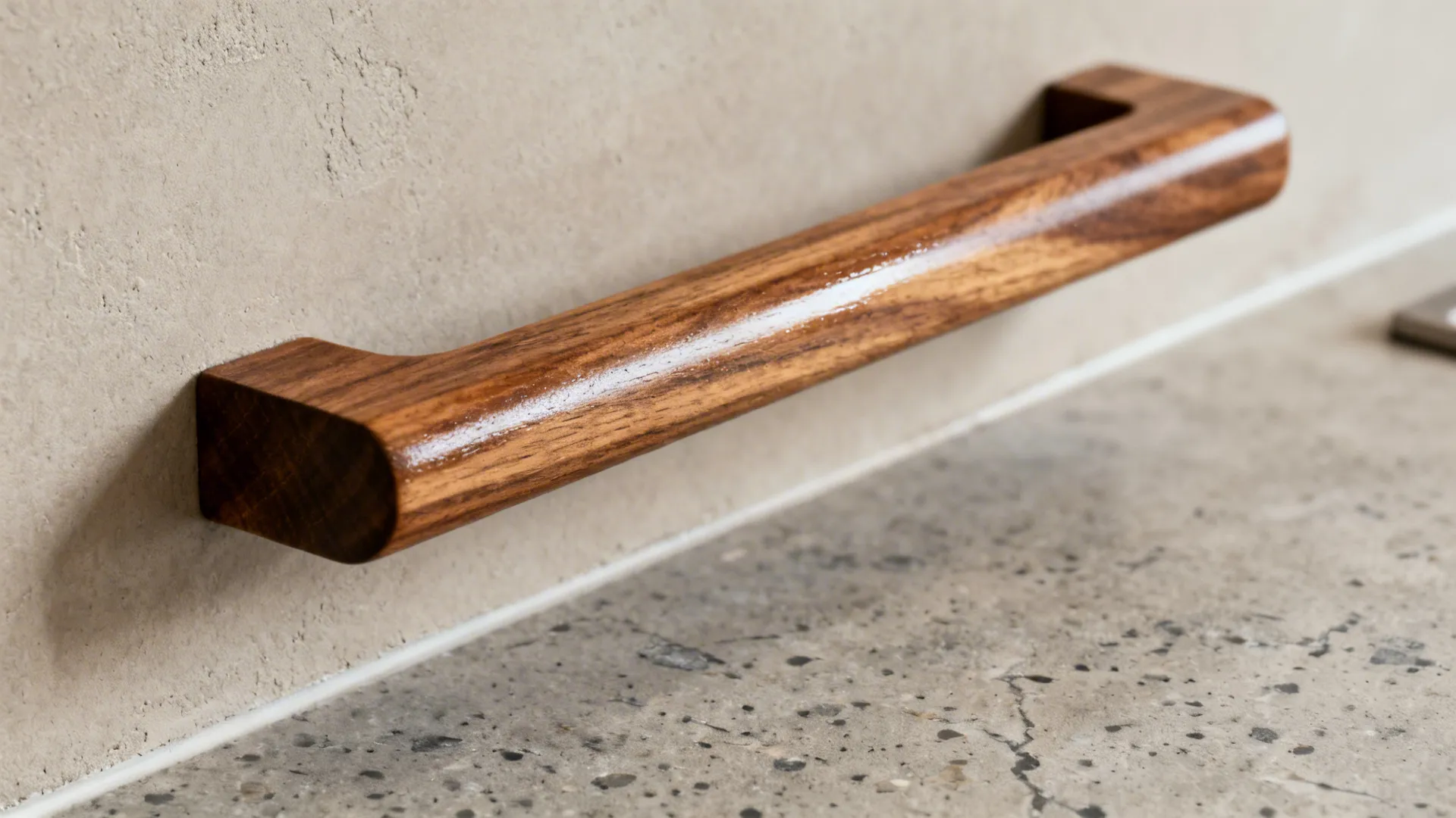 Macro of a sealed teak handle beside matte microcement and quartz textures.