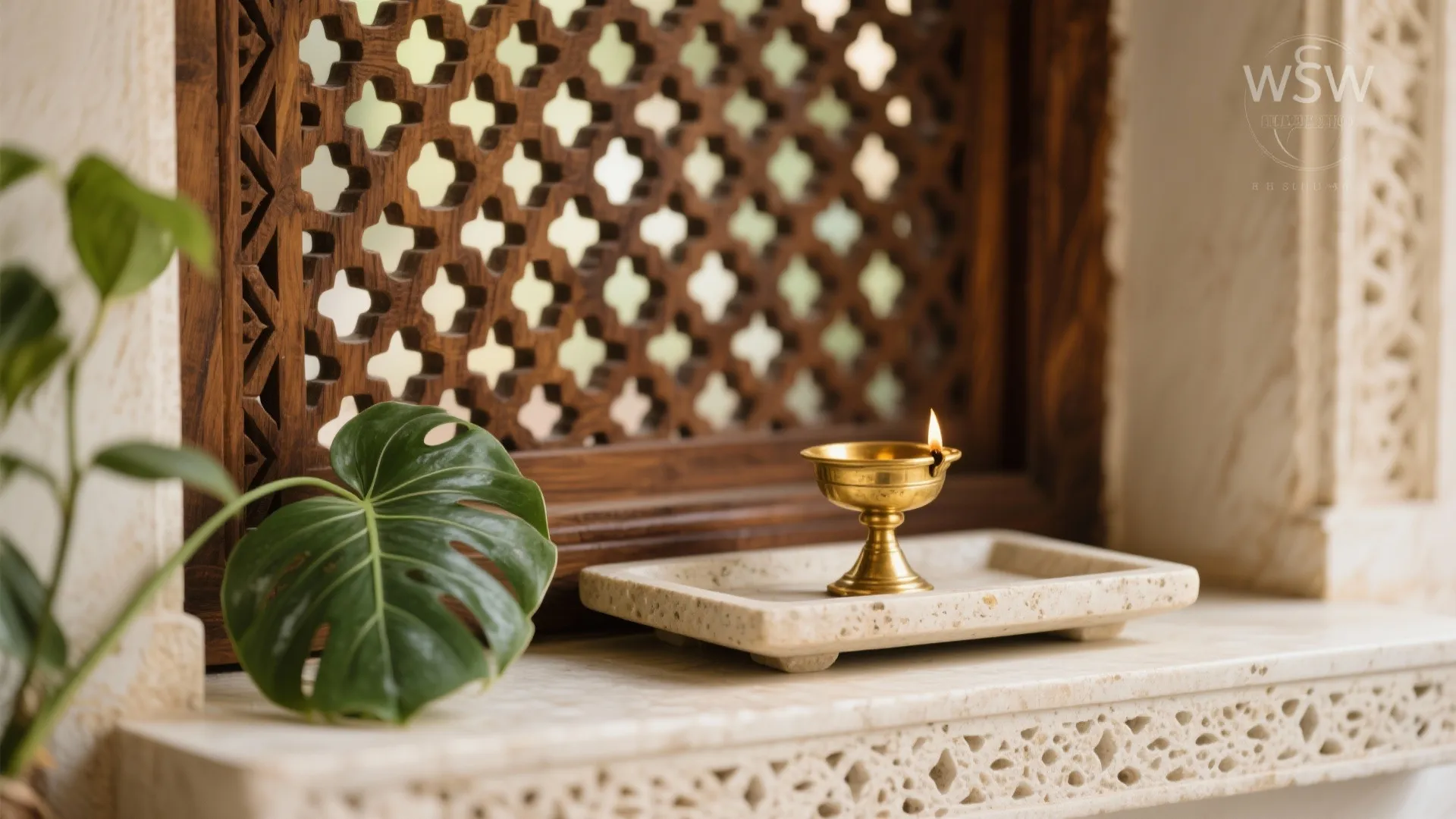 Macro detail of teak jaali shadows, a brass diya on a stone tray, and a green leaf suggesting natural ventilation.