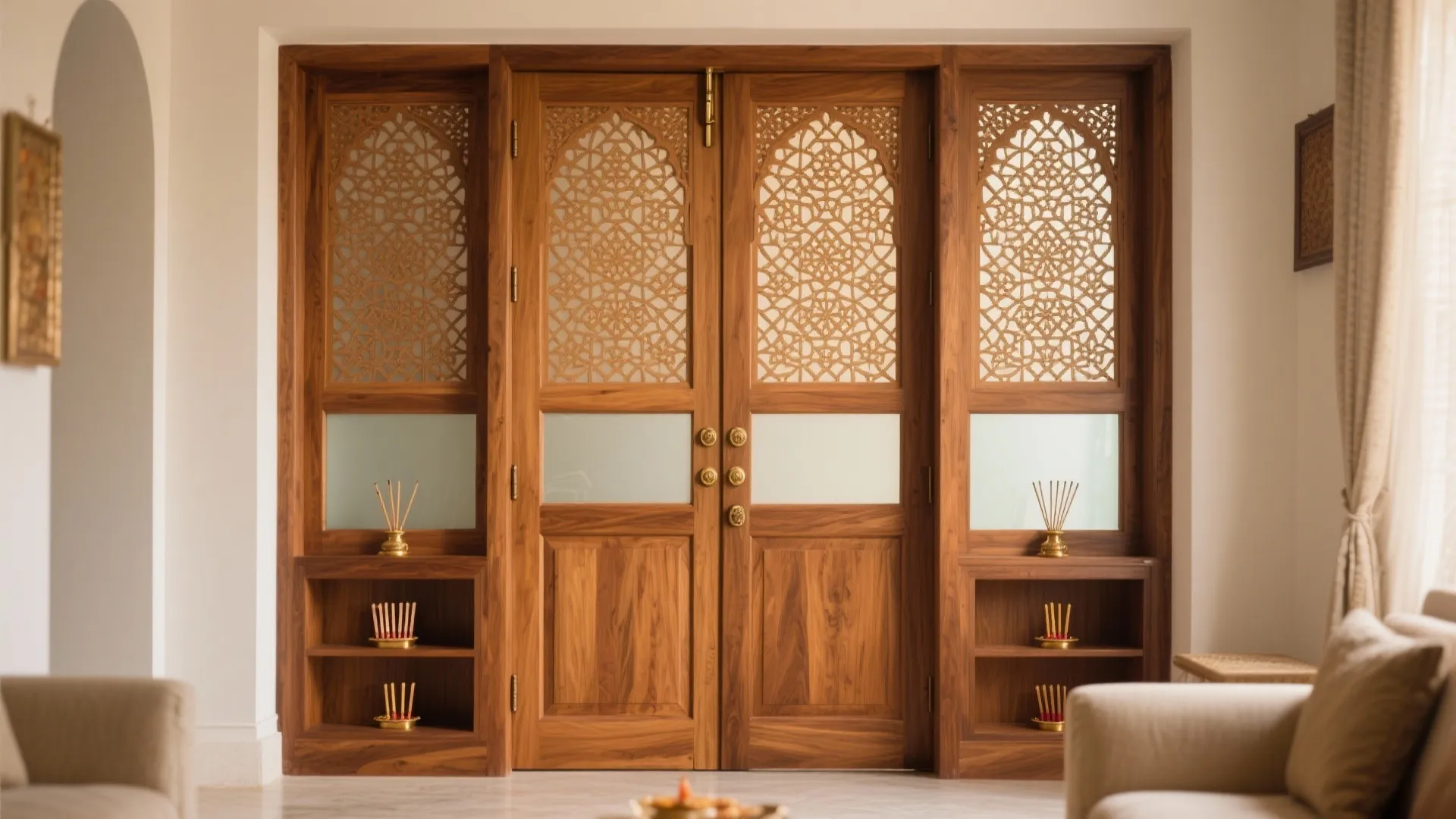 Classic teak jaali double doors with solid lower panels hiding storage and ventilated upper pattern, warm matte finish.