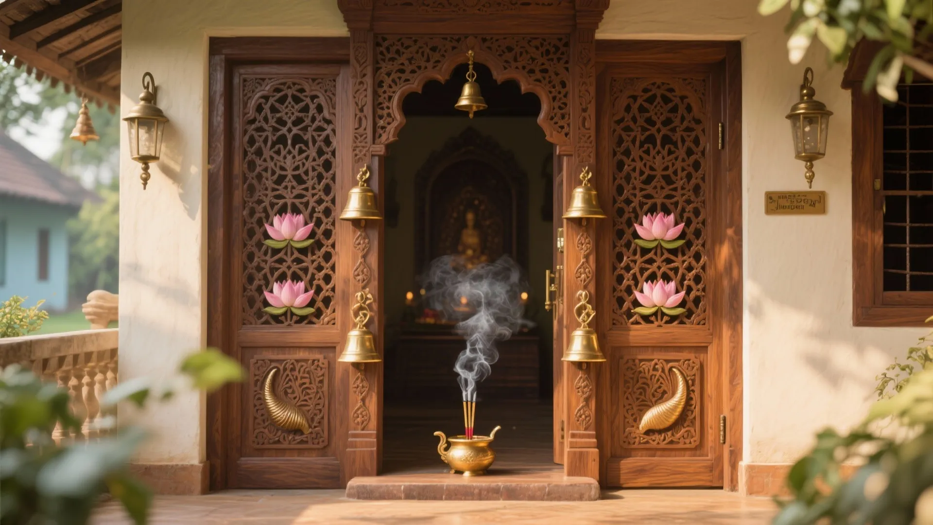 Carved Teak Jaali with Bells: Airy and Sacred