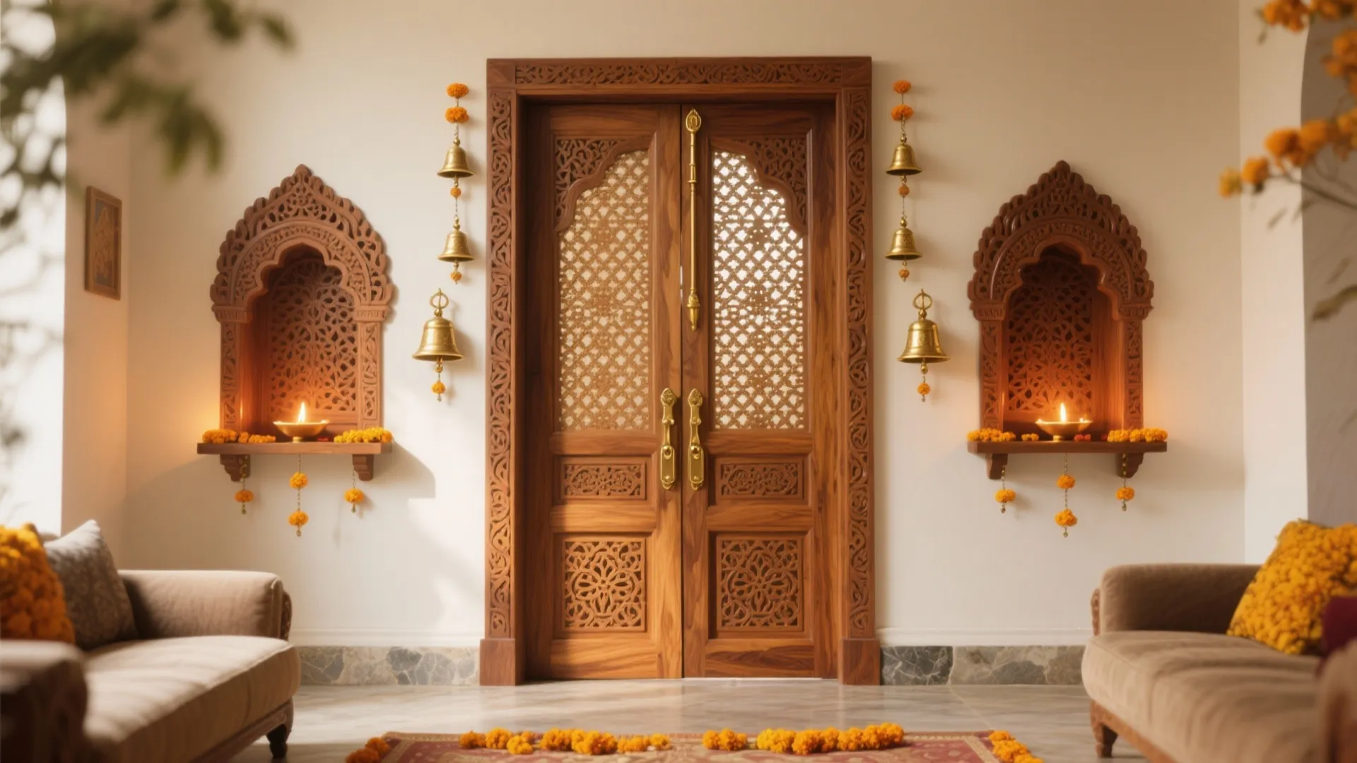Carved wooden double doors with brass handles decorated with hanging bells and yellow flower garlands
