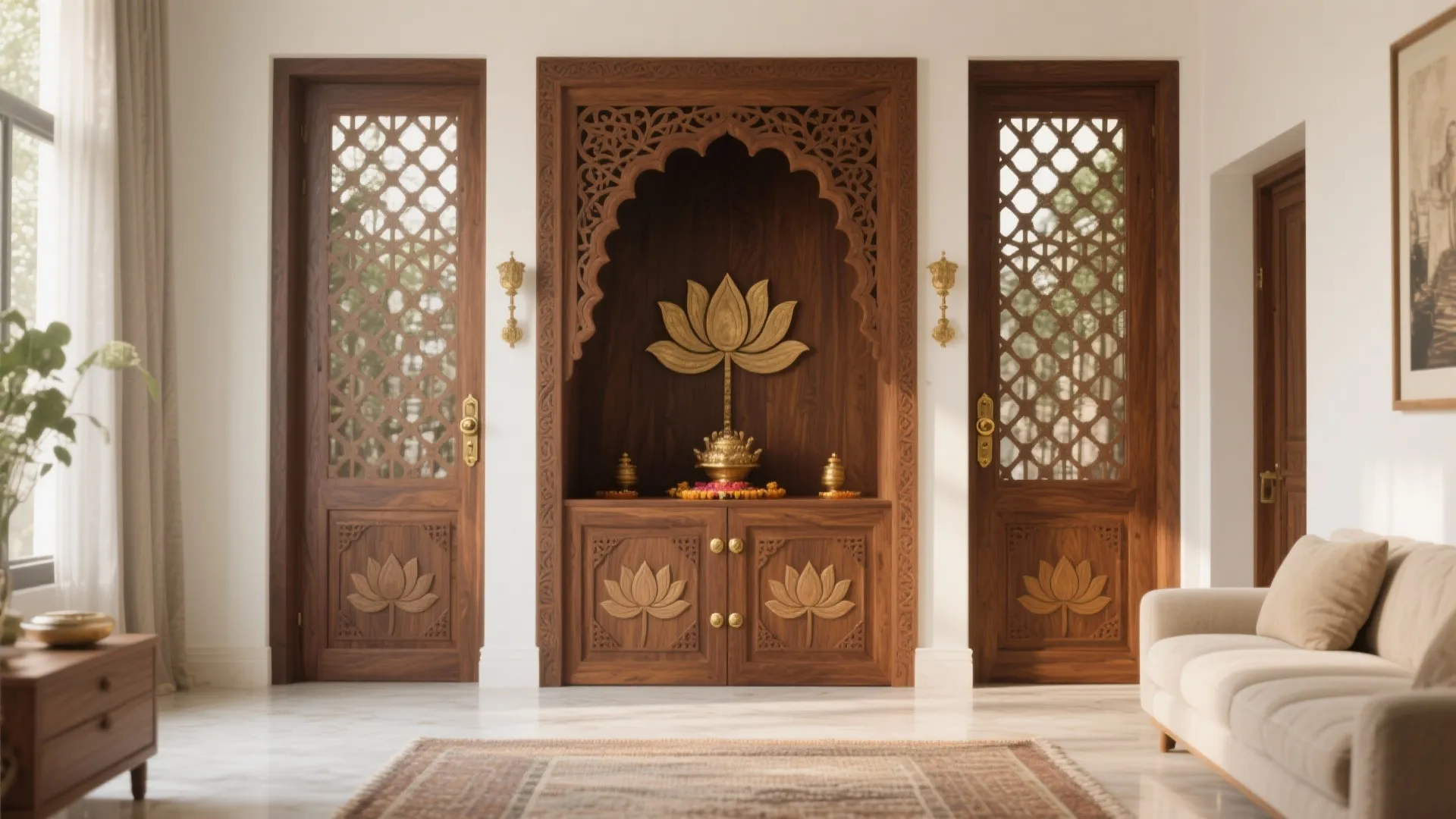 Carved Teak Jaali Doors with Brass Accents