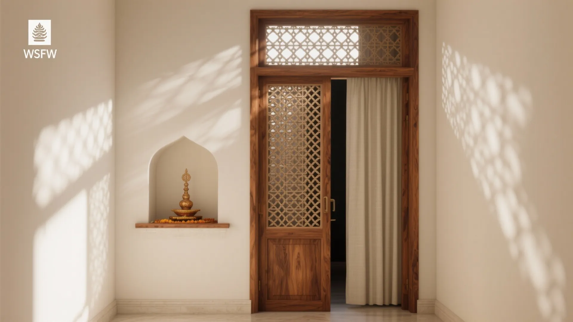 Lattice Wood Jaali Door with Warm Teak