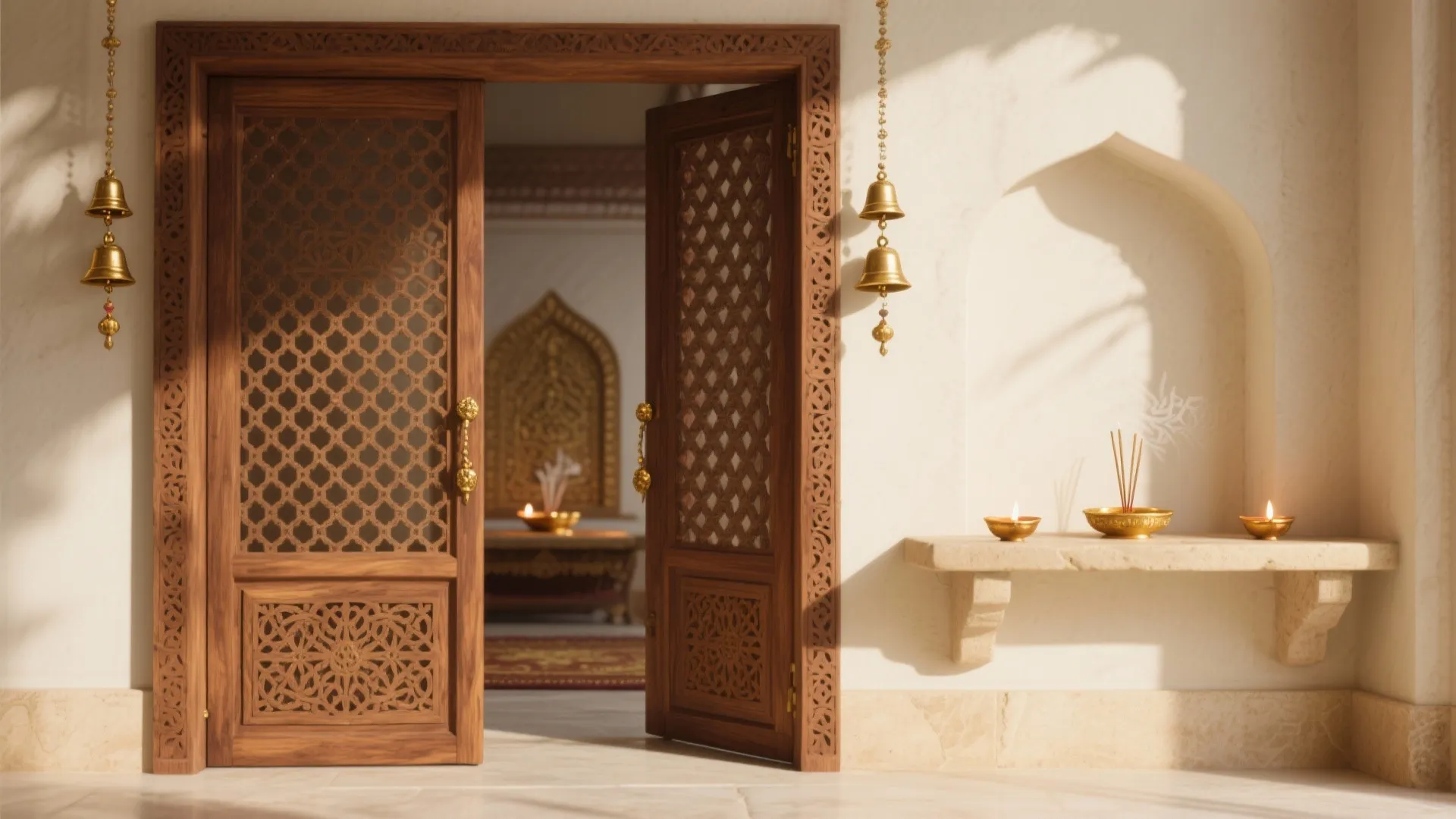 Traditional Teak Jaali Doors with Brass Accents