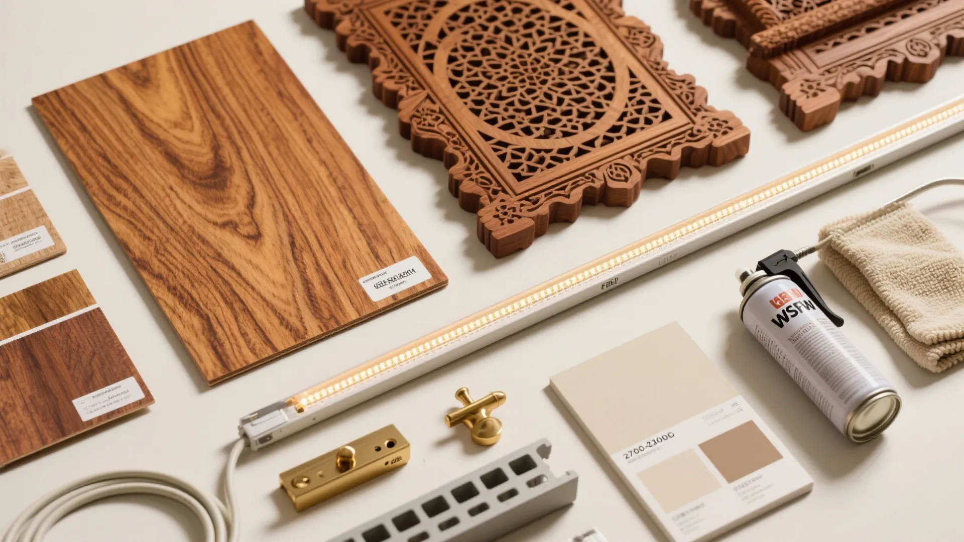 Interior design materials including wood panels carved screens light fixtures color swatches and hardware accessories