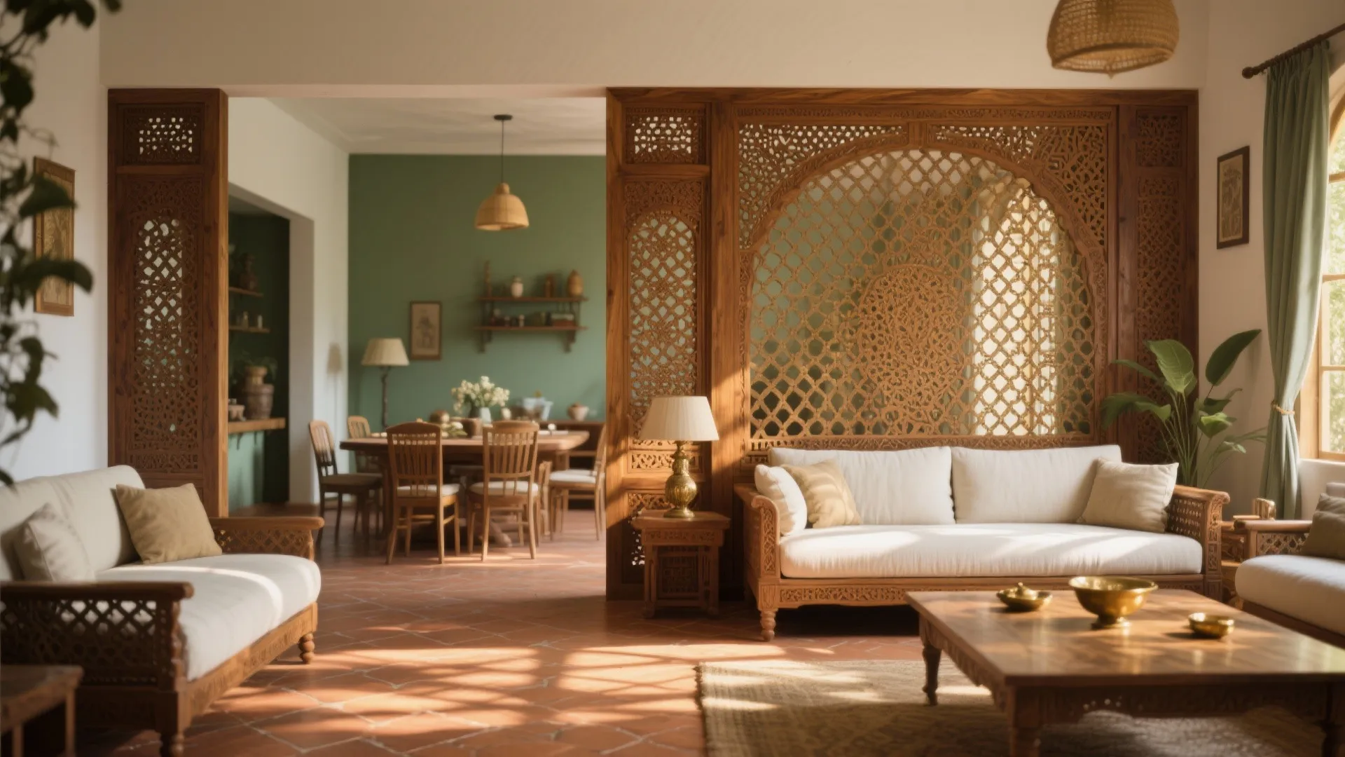 Traditional living room with white sofas wooden coffee table and a large carved wooden divider
